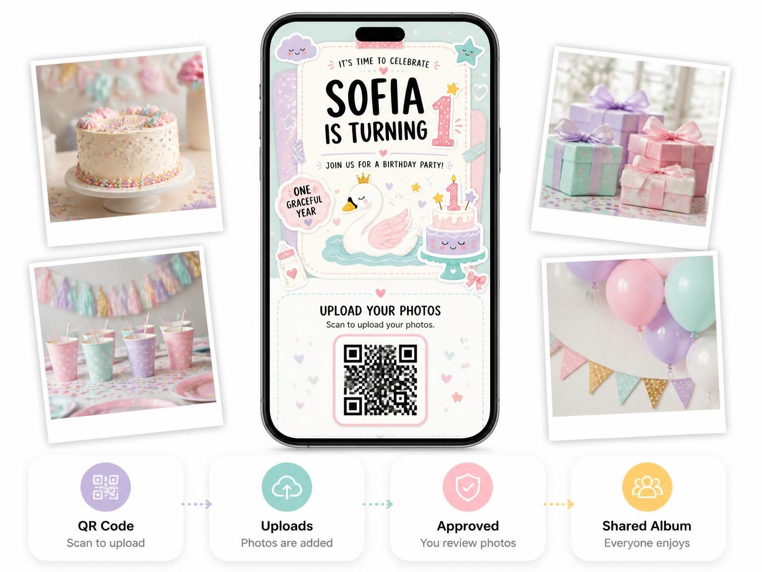 The shared photo gallery that comes with the Pastel Swan Princess 1st Birthday Invitation invitation