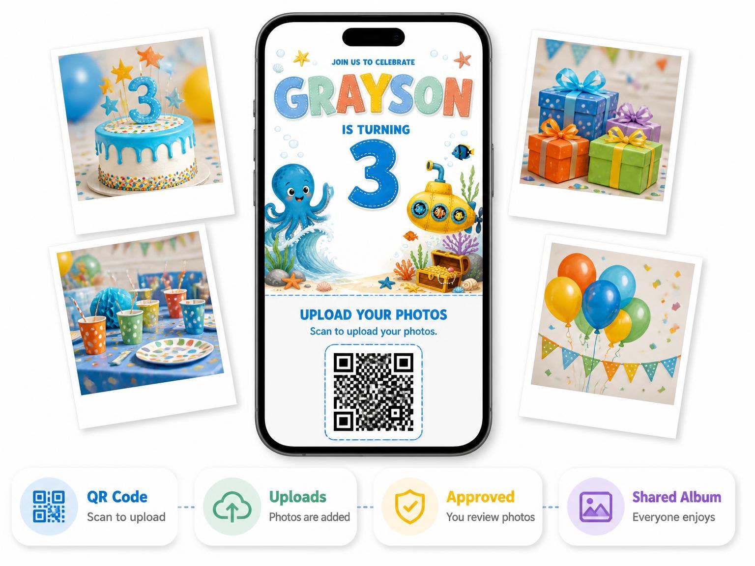 The shared photo gallery that comes with the Yellow Submarine 3rd Birthday Invitation invitation