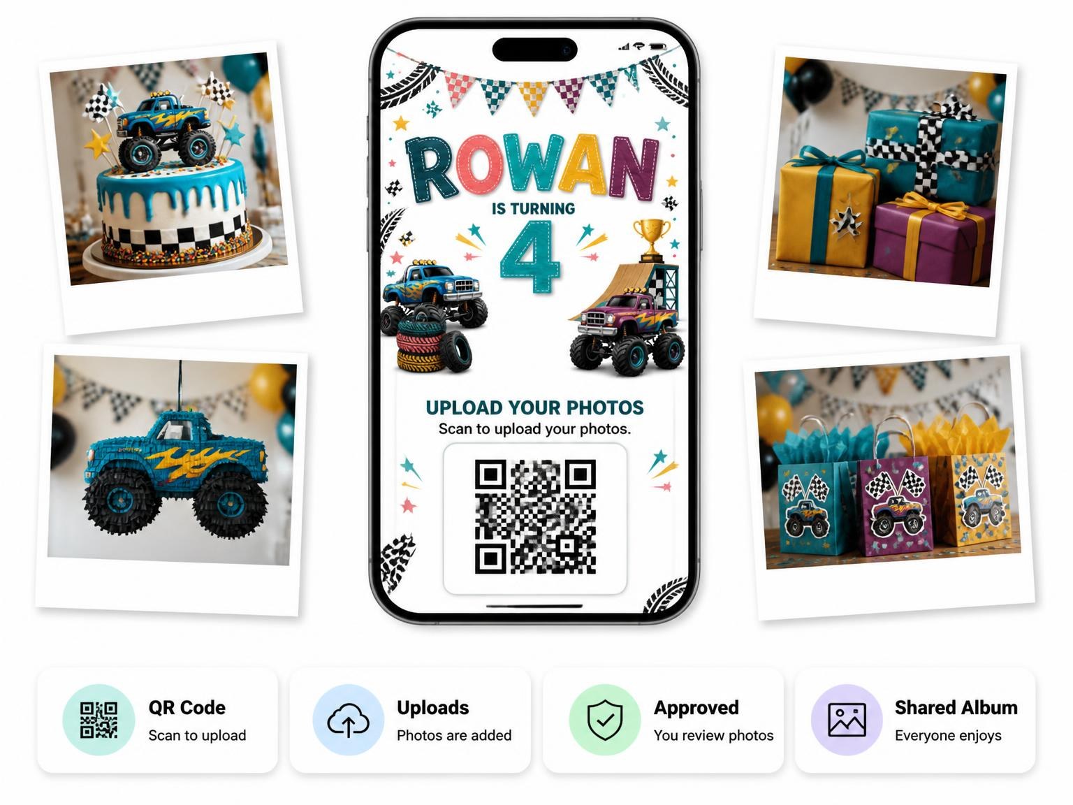 The shared photo gallery that comes with the Stitched Monster Truck 4th Birthday Invitation invitation