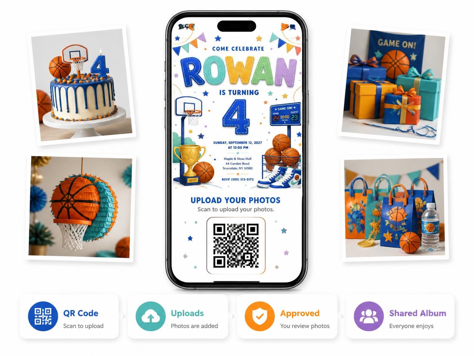 The shared photo gallery that comes with the Stitched Basketball 4th Birthday Invitation invitation