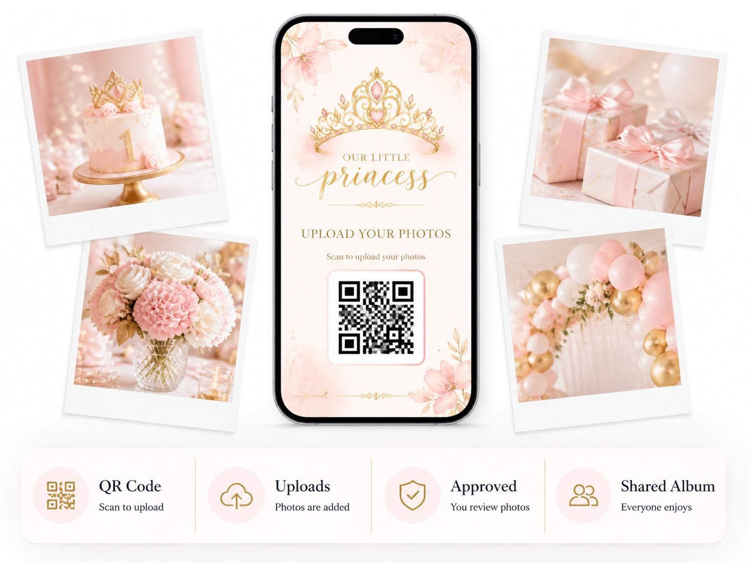 The shared photo gallery that comes with the Pink Watercolor Tiara First Birthday invitation