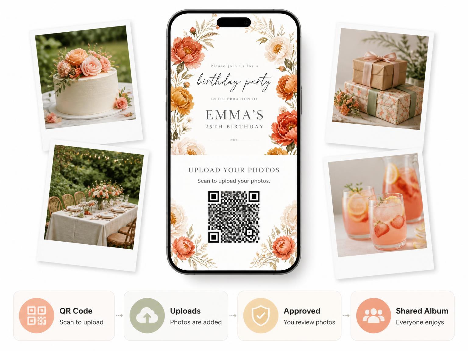 The shared photo gallery that comes with the Terracotta Autumn Floral 25th Birthday Invitation invitation