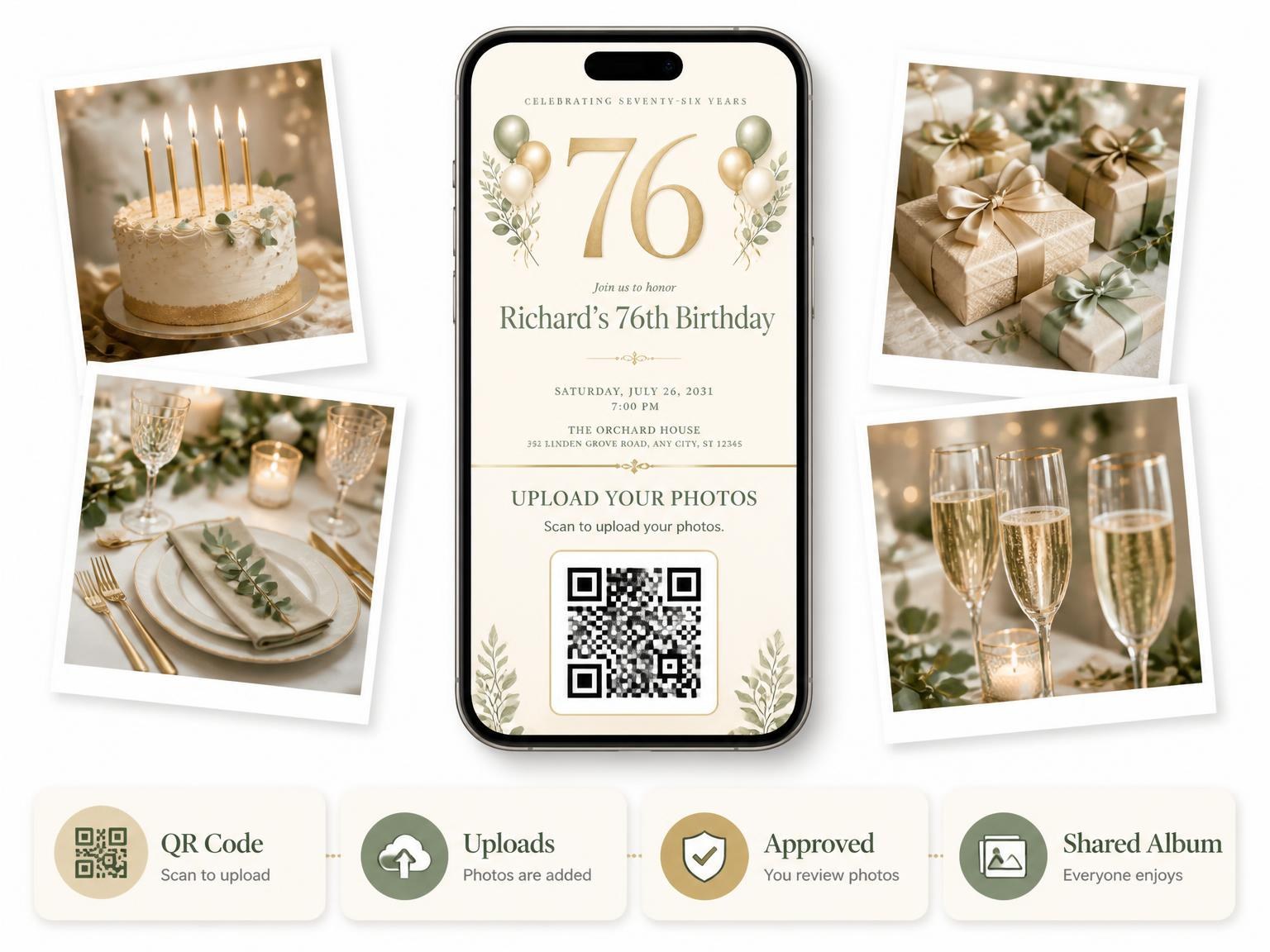 The shared photo gallery that comes with the Sage and Ivory 76th Birthday Invitation invitation