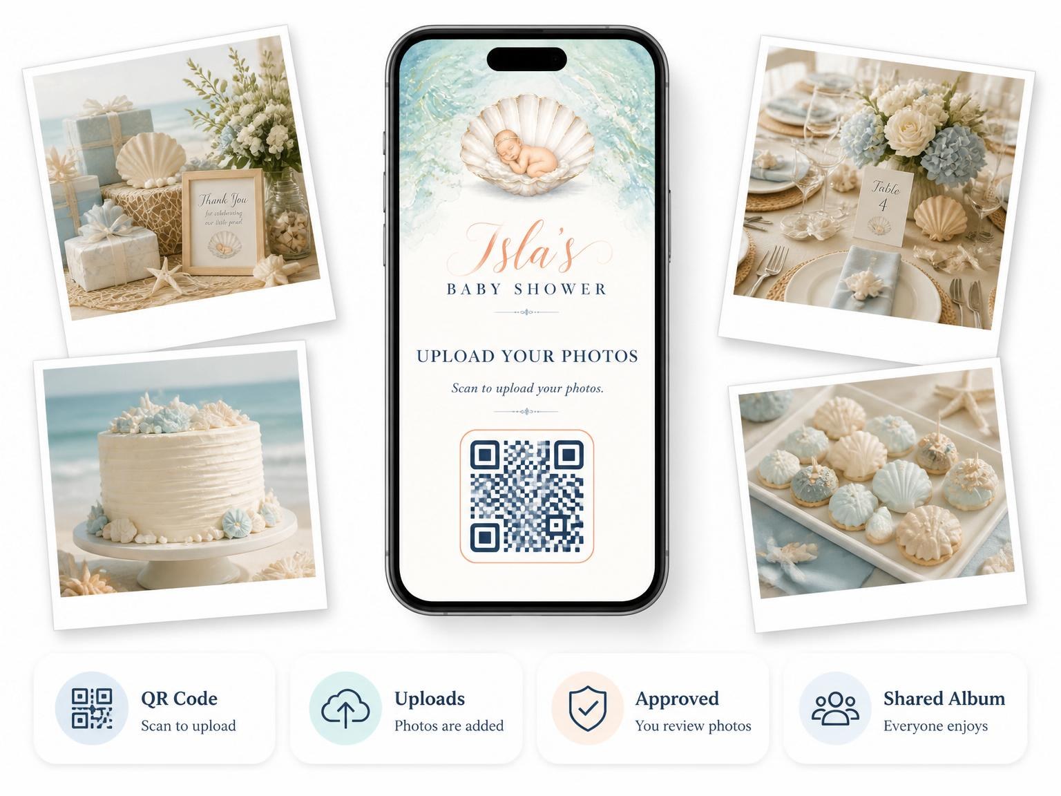 The shared photo gallery that comes with the Teal Watercolor Pearl Baby Shower invitation