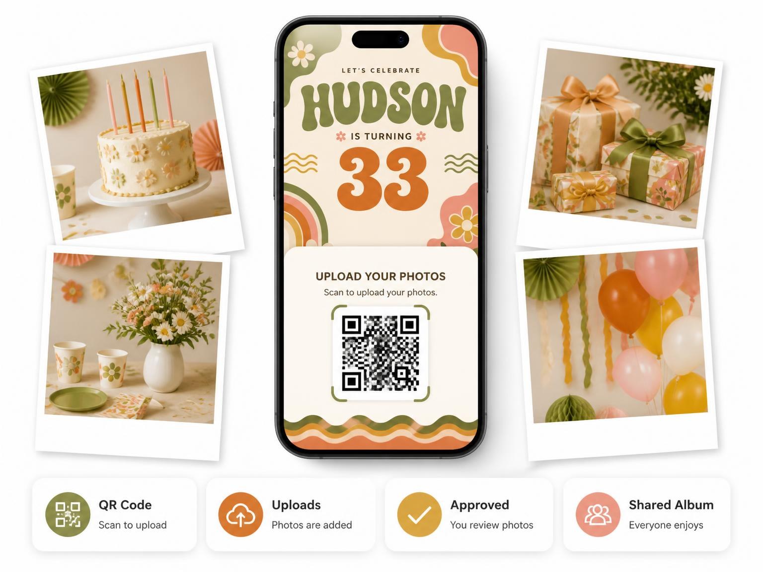 The shared photo gallery that comes with the Groovy Retro 33rd Birthday Invitation invitation