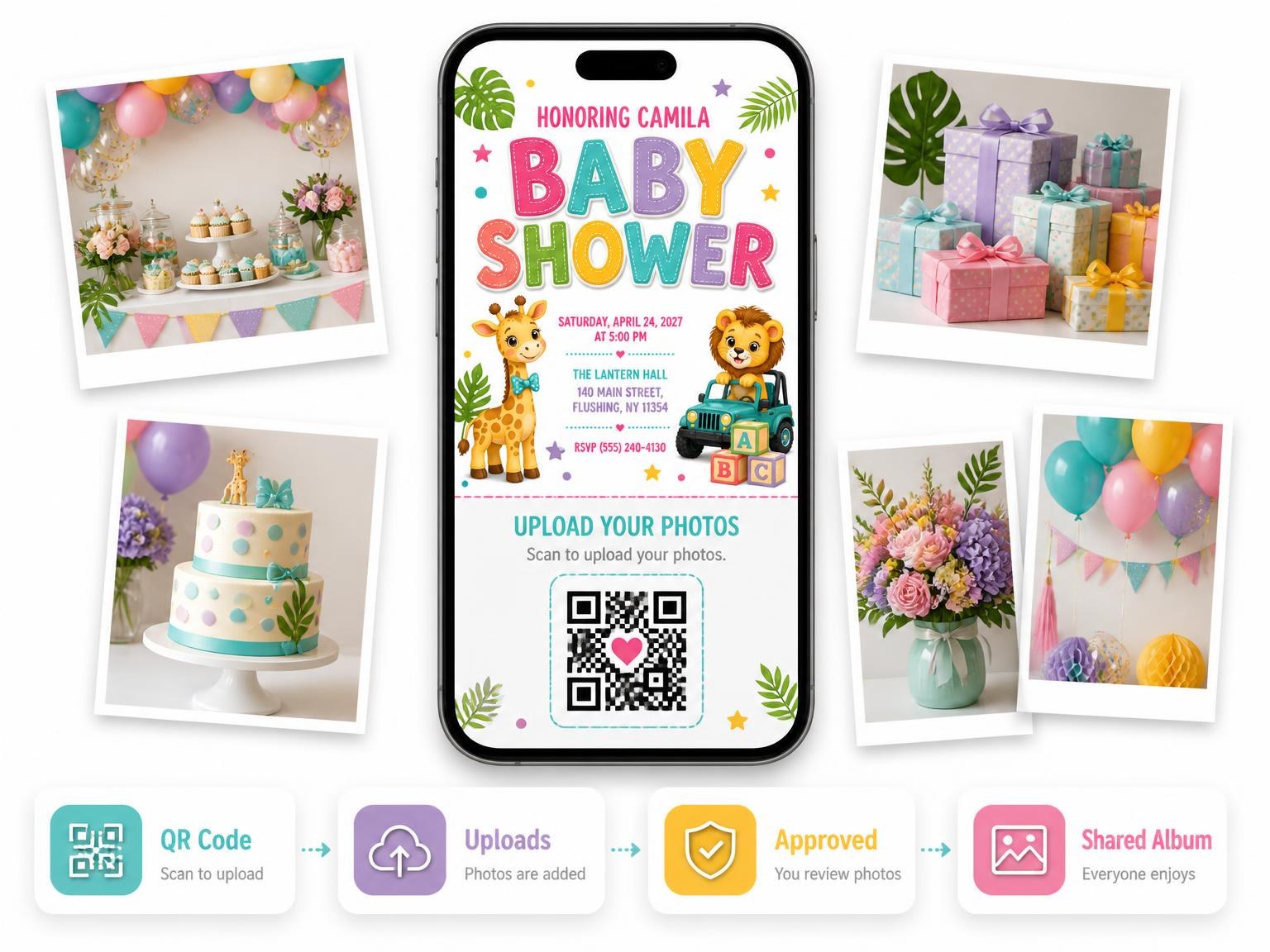 The shared photo gallery that comes with the Baby Giraffe Baby Shower Invitation invitation