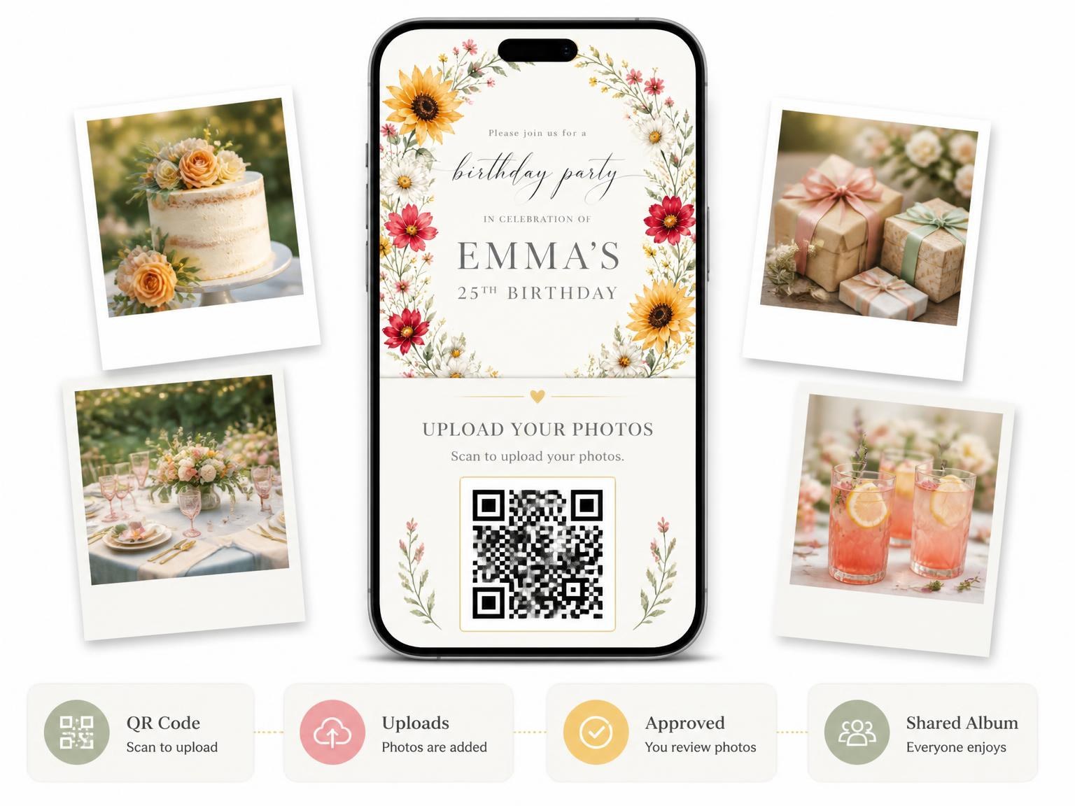 The shared photo gallery that comes with the Sunflower Garden Scarlet 25th Birthday Invitation invitation