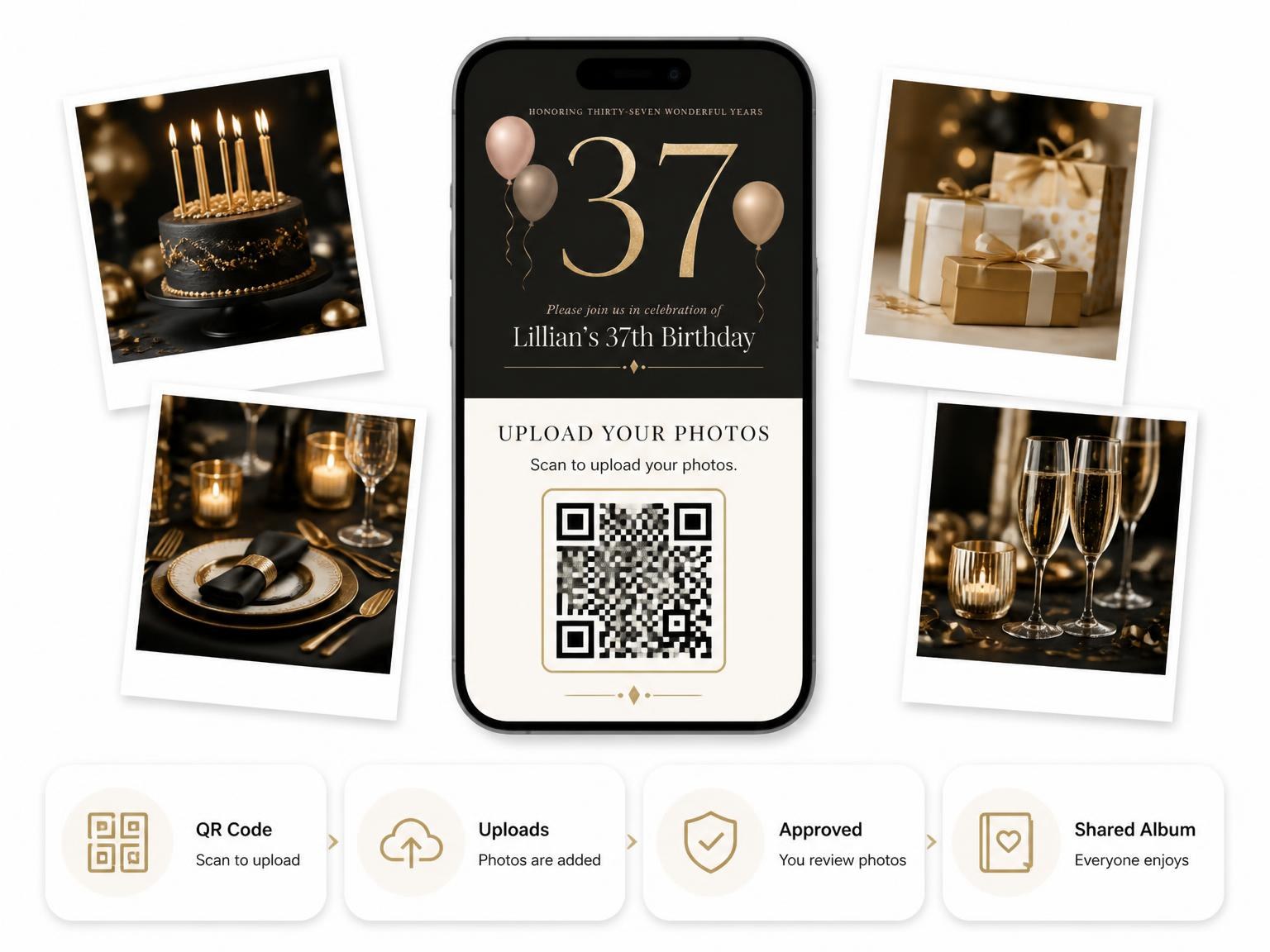 The shared photo gallery that comes with the Charcoal and Blush 37th Birthday Invitation invitation