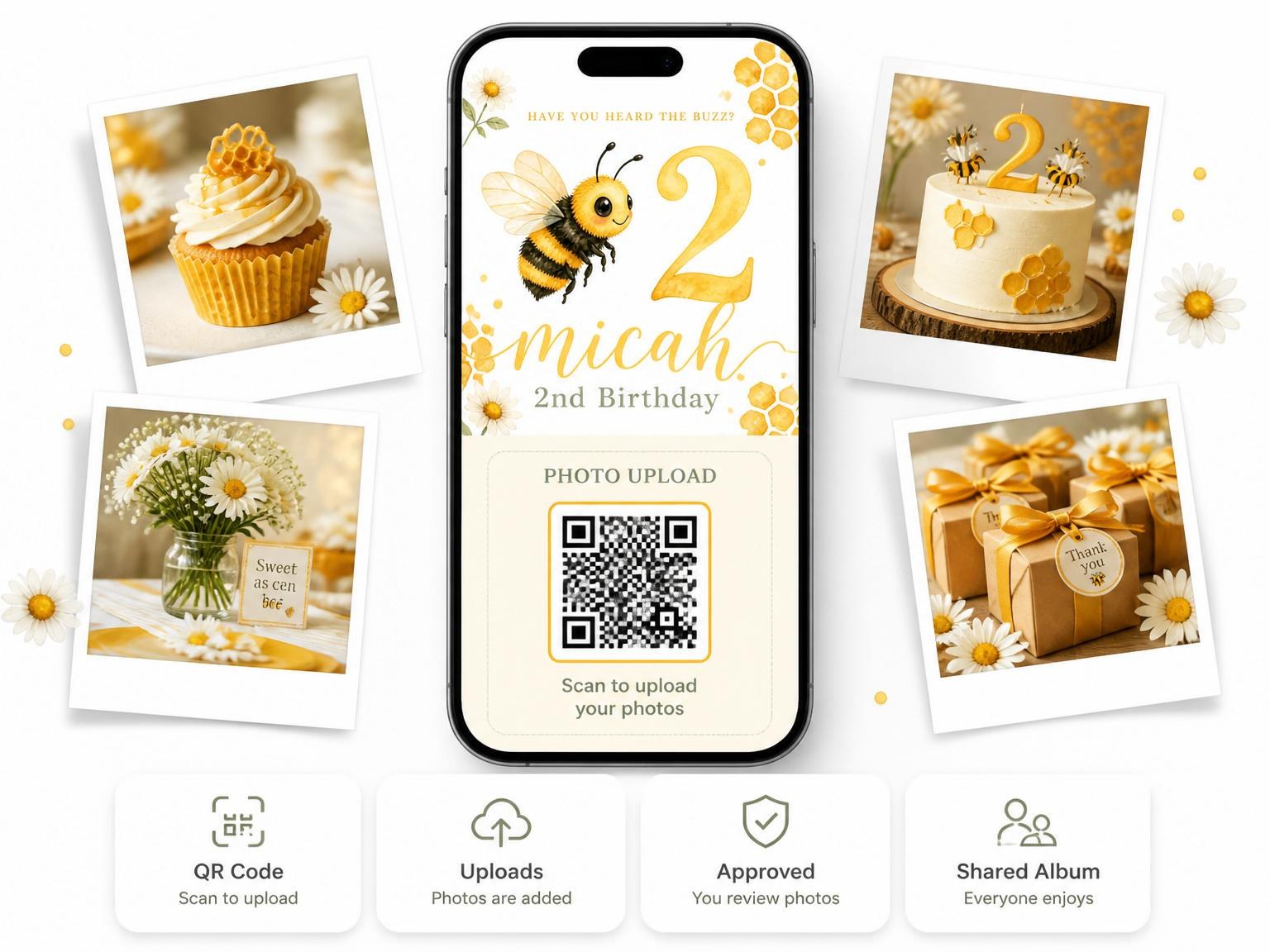 The shared photo gallery that comes with the Watercolor Honeybee 2nd Birthday Invitation invitation