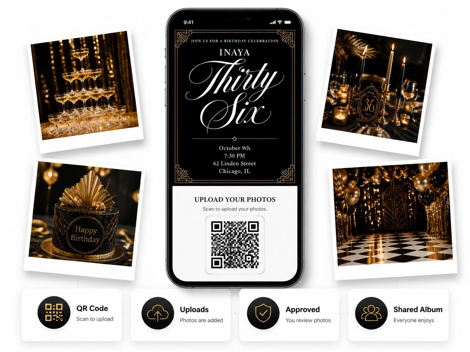 The shared photo gallery that comes with the Art Deco 36th Birthday Invitation invitation