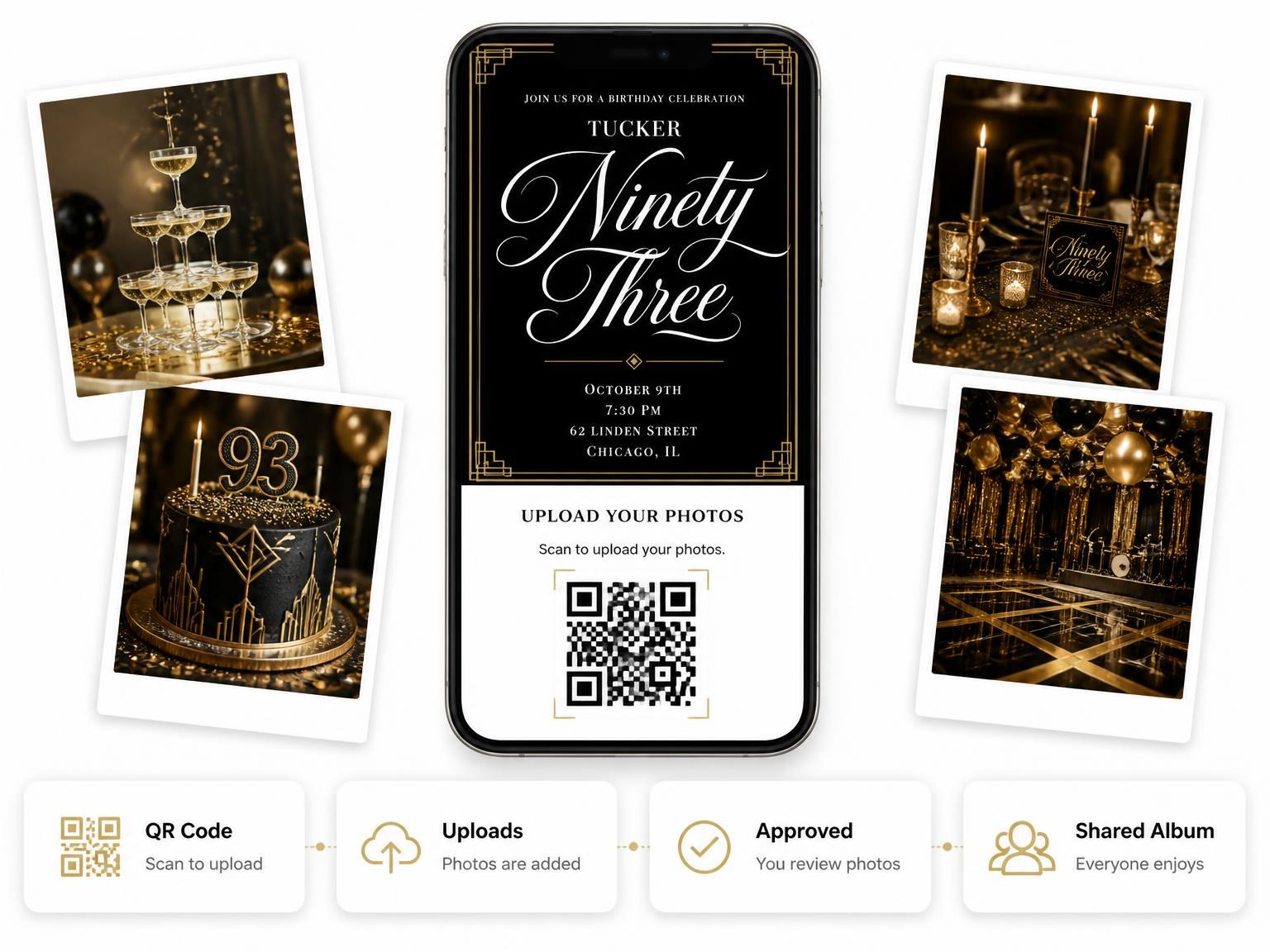 The shared photo gallery that comes with the Art Deco 93rd Birthday Invitation invitation