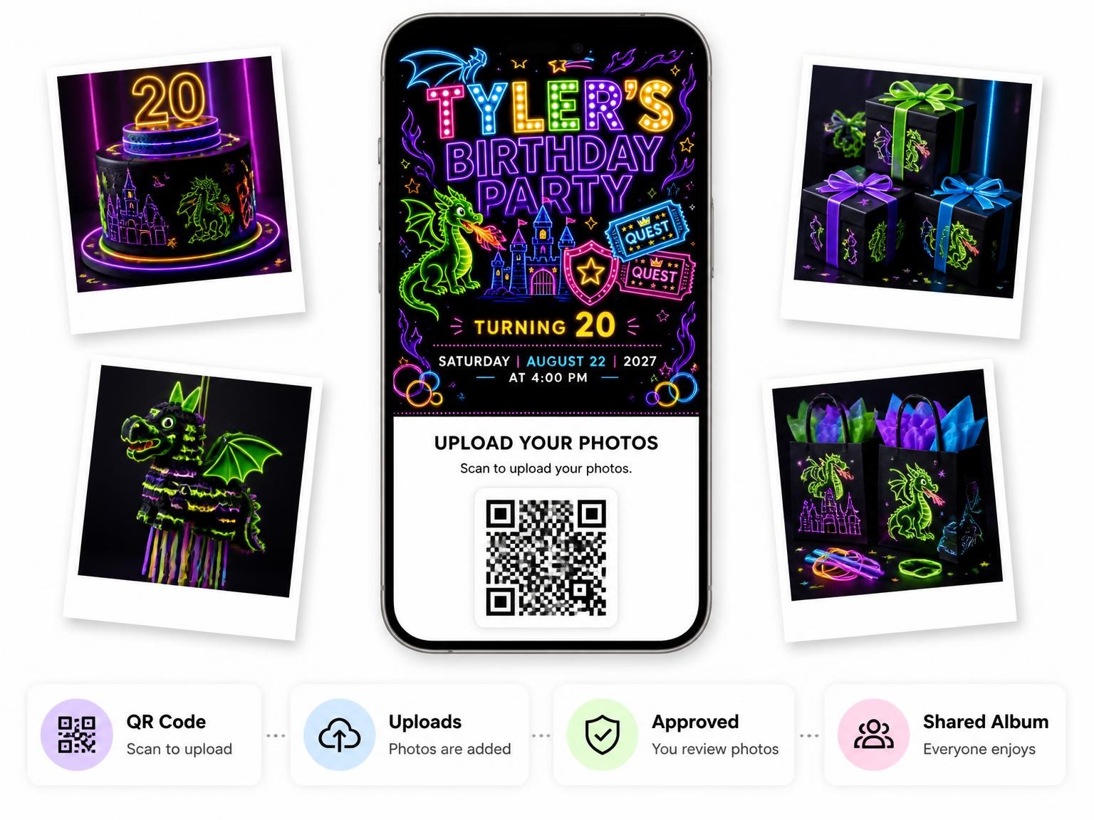 The shared photo gallery that comes with the Neon Dragon 20th Birthday Invitation invitation