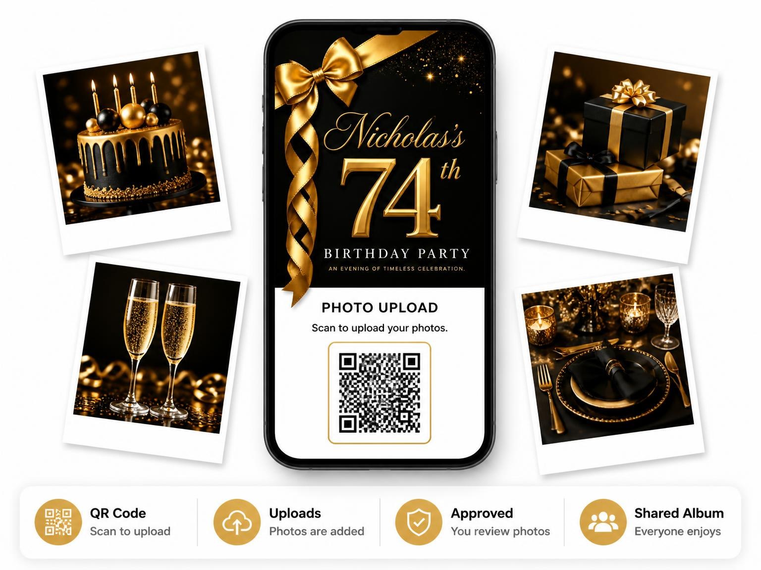 The shared photo gallery that comes with the Black and Gold Ribbon 74th Birthday invitation