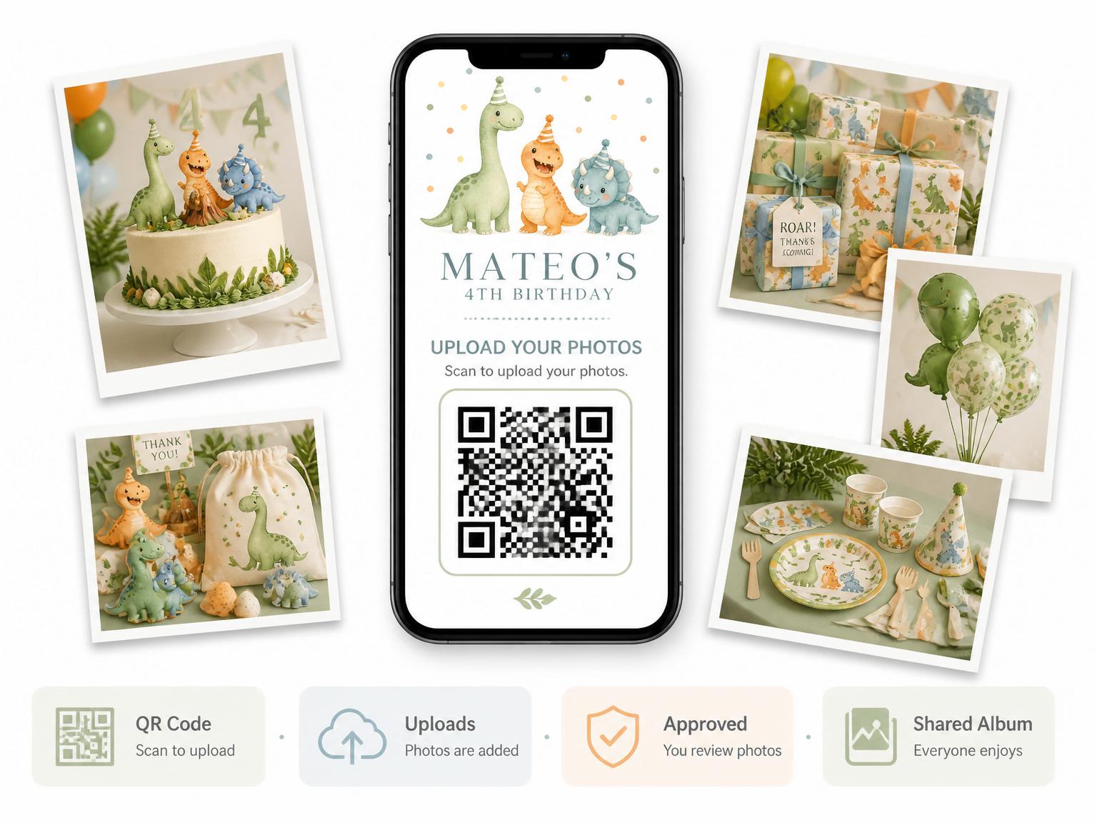 The shared photo gallery that comes with the Watercolor Dino Party Invitation invitation