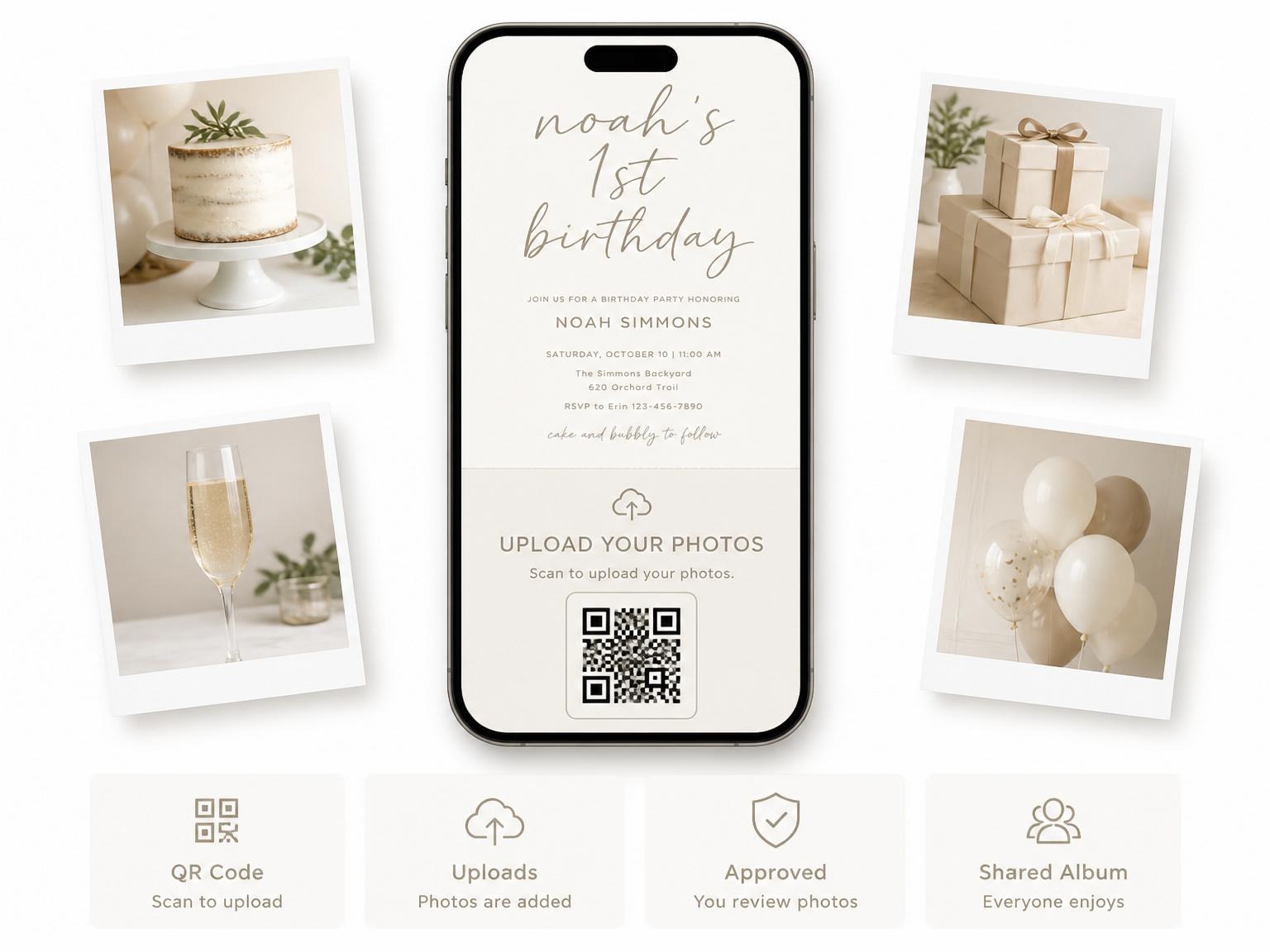 The shared photo gallery that comes with the Minimalist Taupe and Cream Birthday invitation