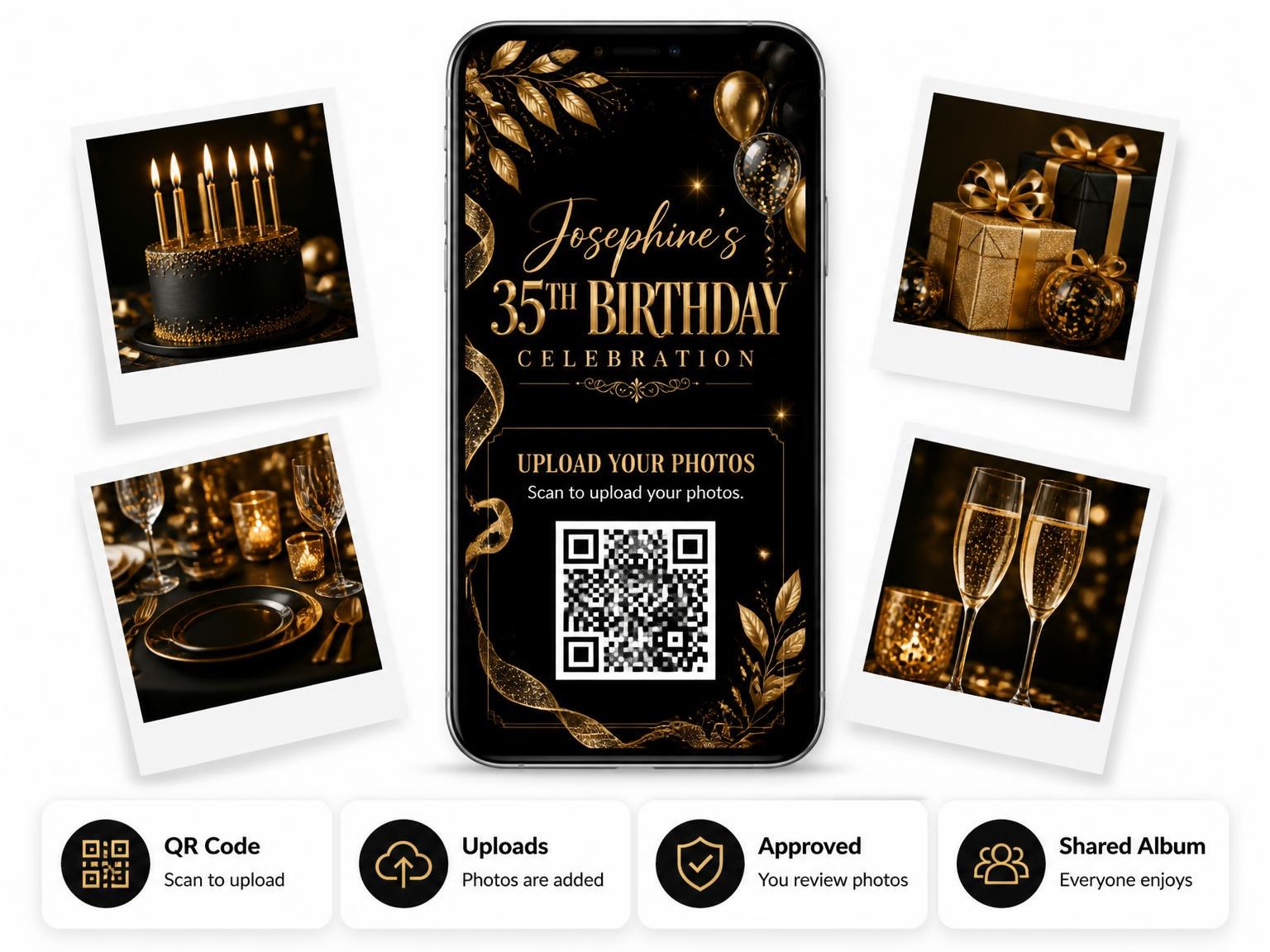The shared photo gallery that comes with the Black and Gold 35th Birthday Invitation invitation