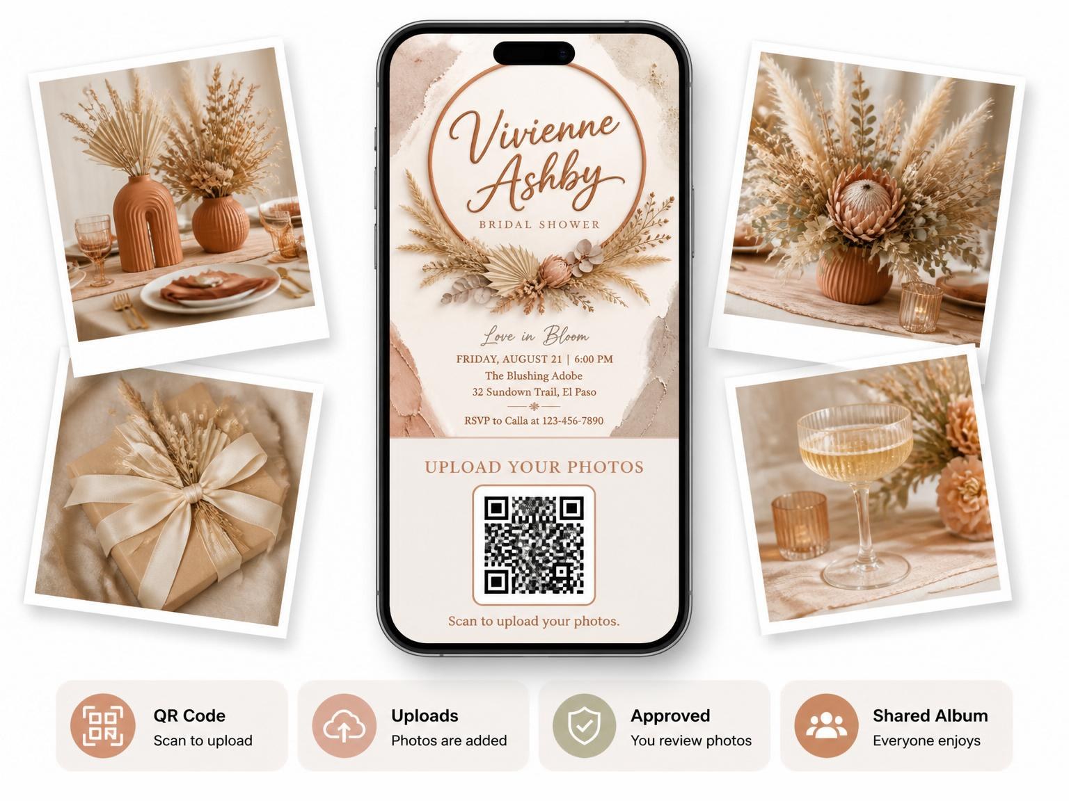 The shared photo gallery that comes with the Terracotta Plaster Dried Botanical Bridal Shower invitation