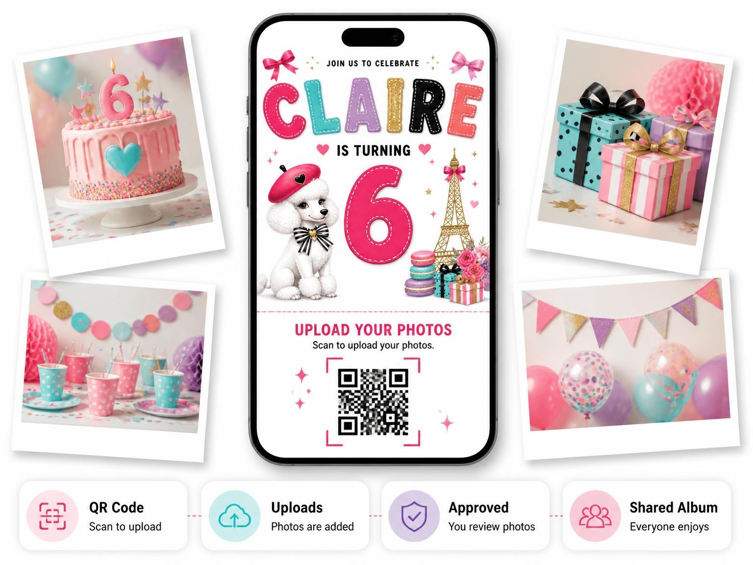 The shared photo gallery that comes with the Eiffel Tower Stitched 6th Birthday Invitation invitation