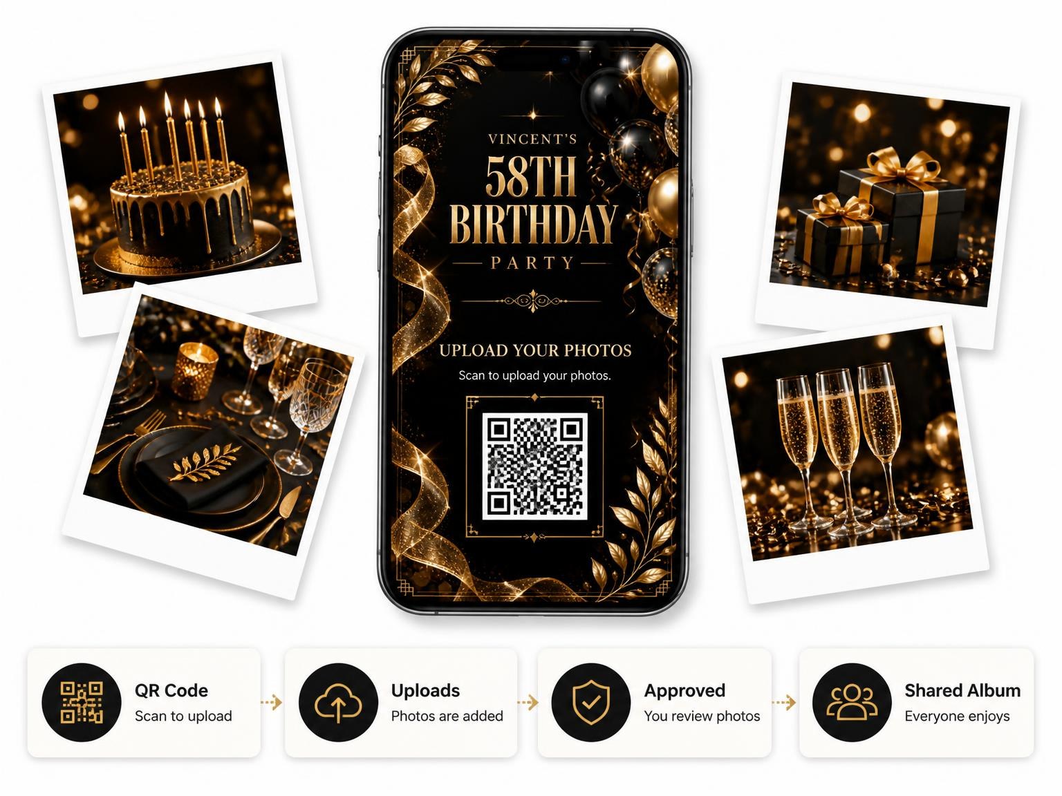 The shared photo gallery that comes with the Black and Gold 58th Birthday Invitation invitation