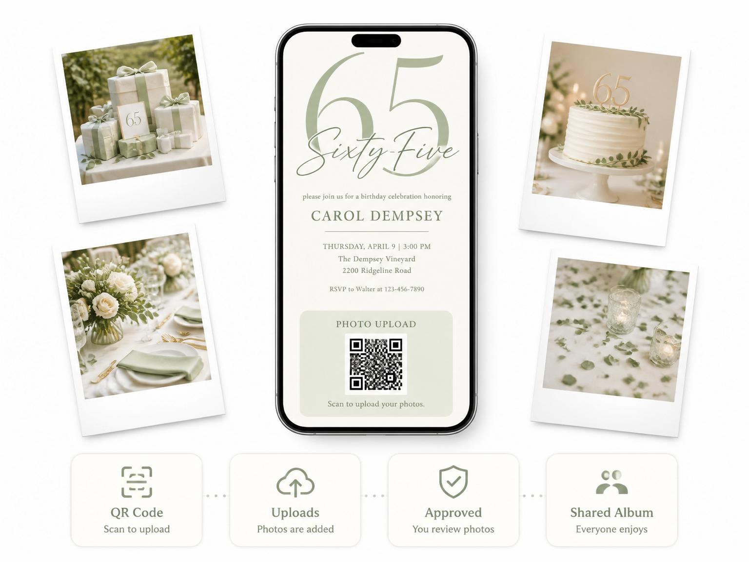 The shared photo gallery that comes with the Sage Green Minimalist Milestone Birthday invitation