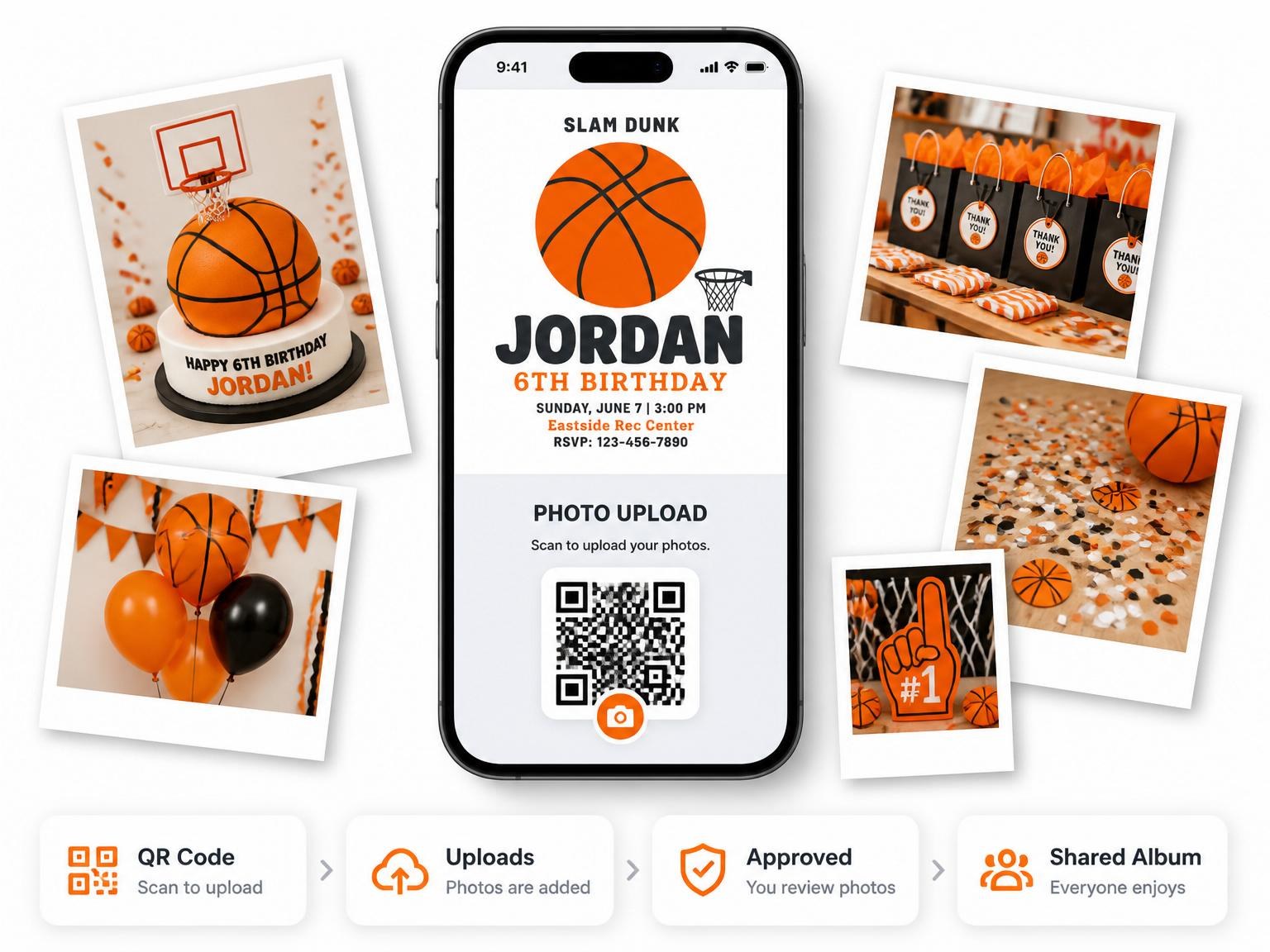 The shared photo gallery that comes with the Orange Basketball Court 6th Birthday Invitation invitation