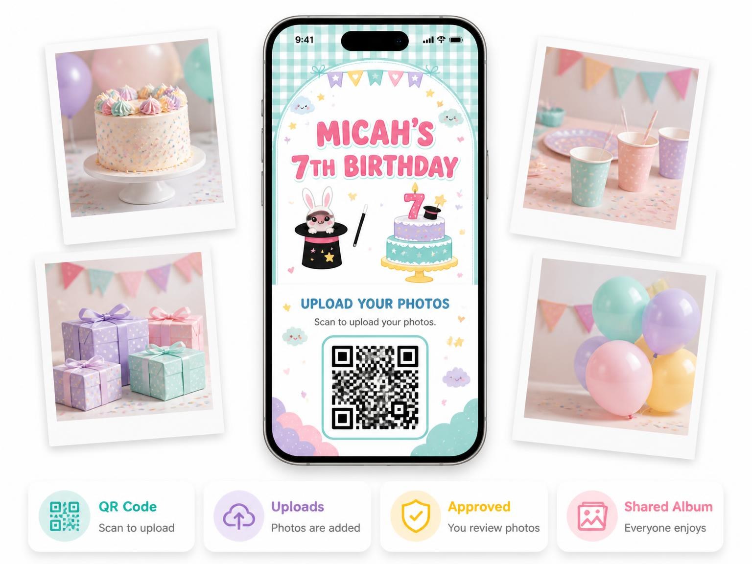 The shared photo gallery that comes with the Magician Kawaii Pastel 7th Birthday Invitation invitation