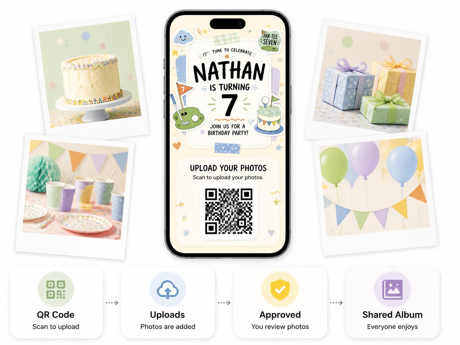 The shared photo gallery that comes with the Putting Green Pastel 7th Birthday Invitation invitation