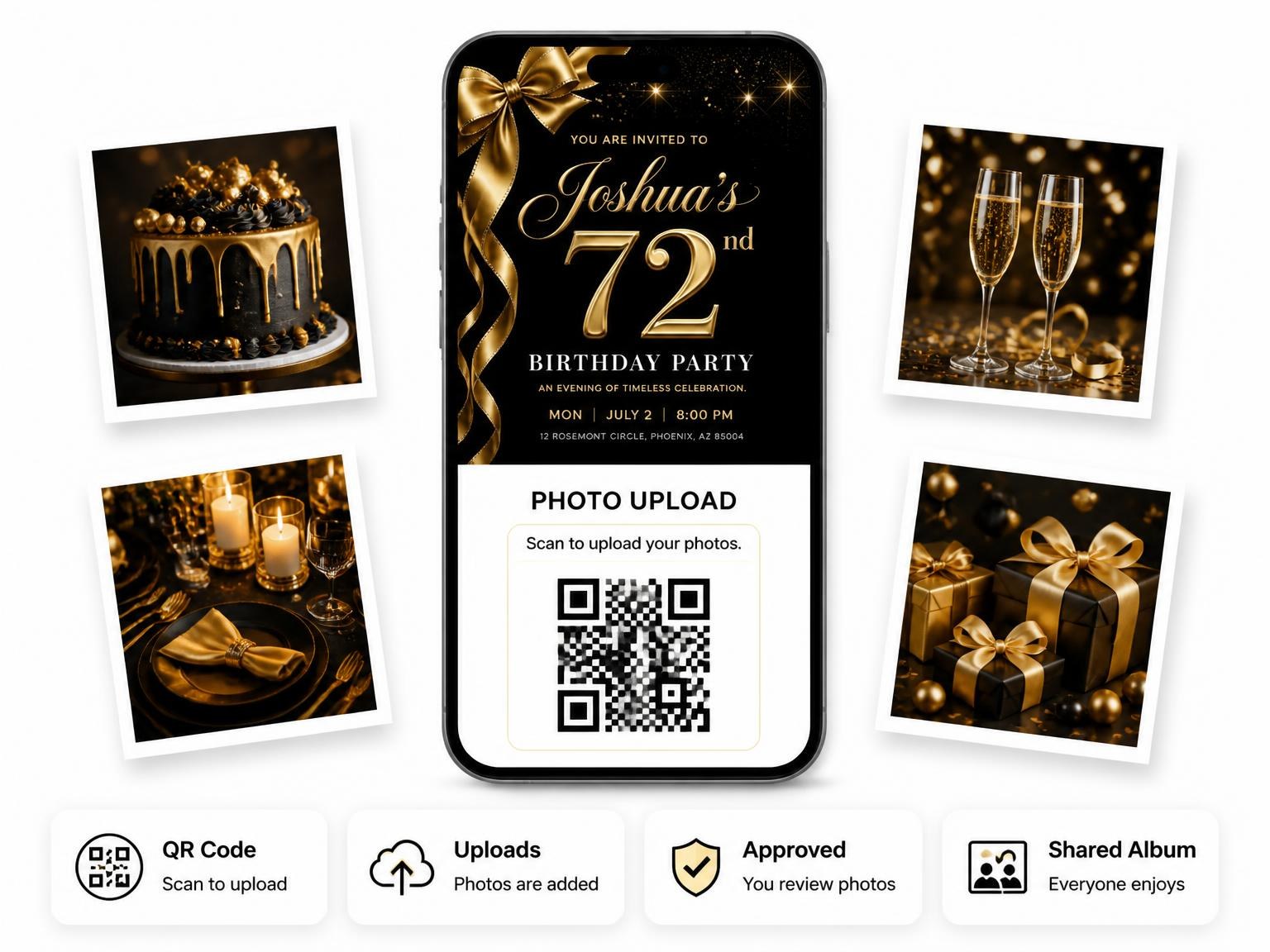The shared photo gallery that comes with the Black and Gold Ribbon 72nd Birthday invitation