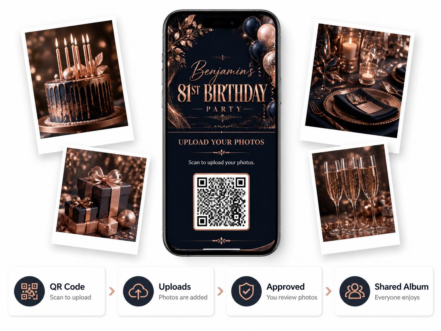The shared photo gallery that comes with the Navy and Rose Gold 81st Birthday Invitation invitation