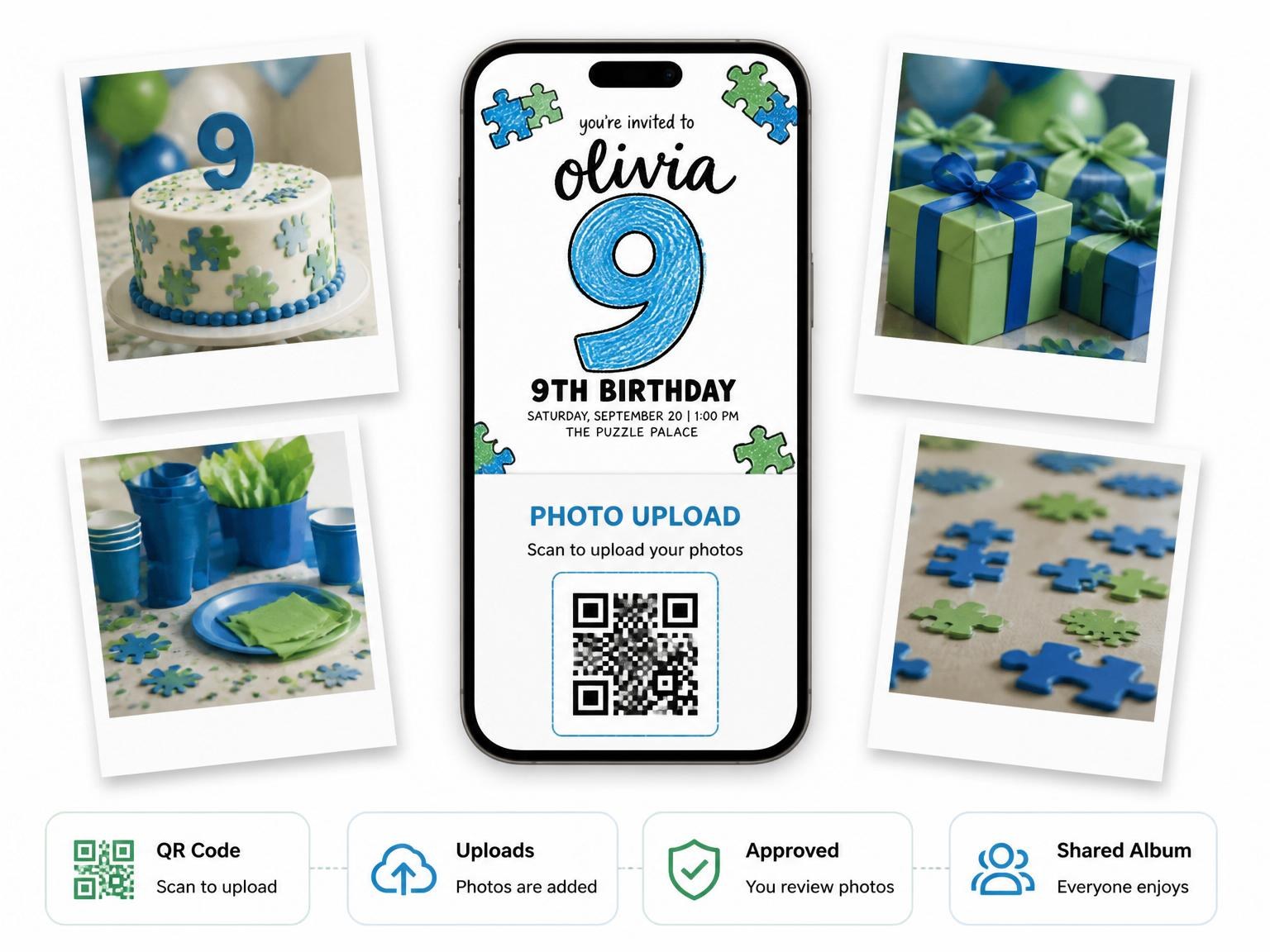 The shared photo gallery that comes with the Crayon Puzzle Piece 9th Birthday Invitation invitation