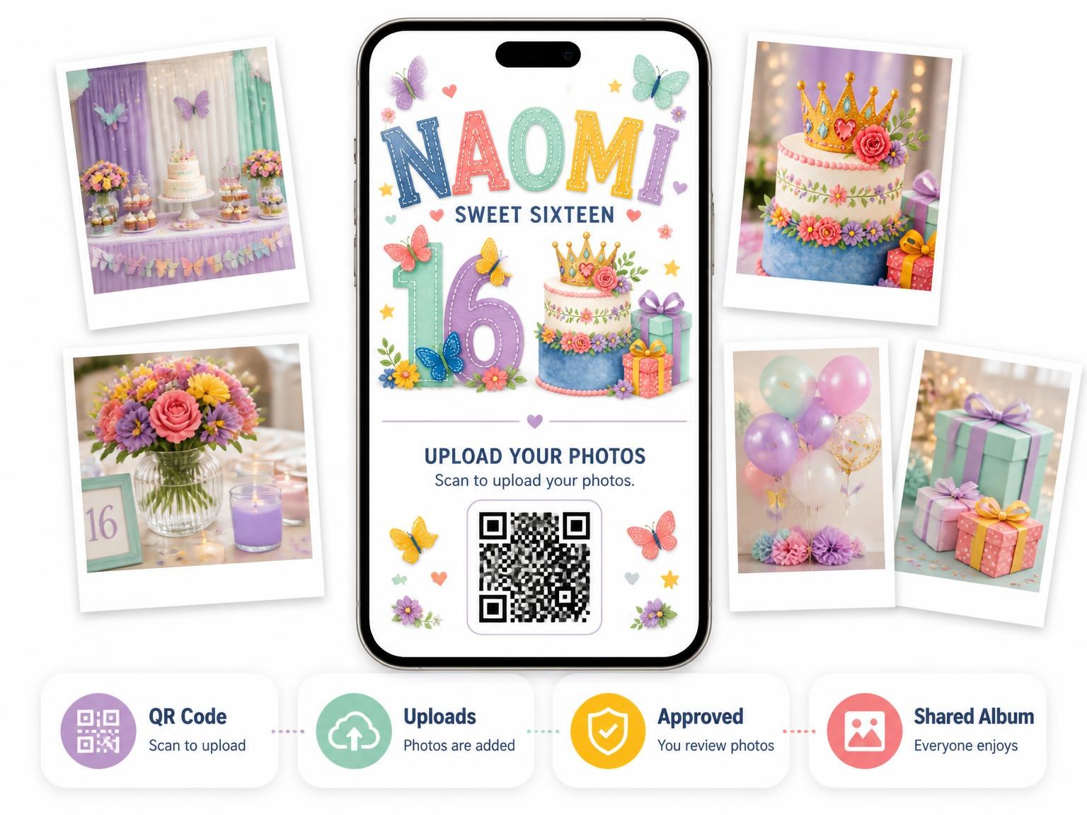 The shared photo gallery that comes with the Tiered Cake Sweet Sixteen Invitation invitation