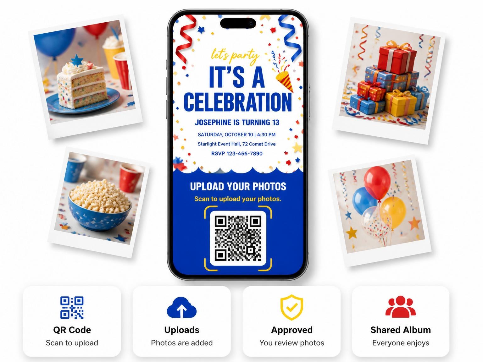 The shared photo gallery that comes with the Confetti Star Primary 13th Birthday Invitation invitation