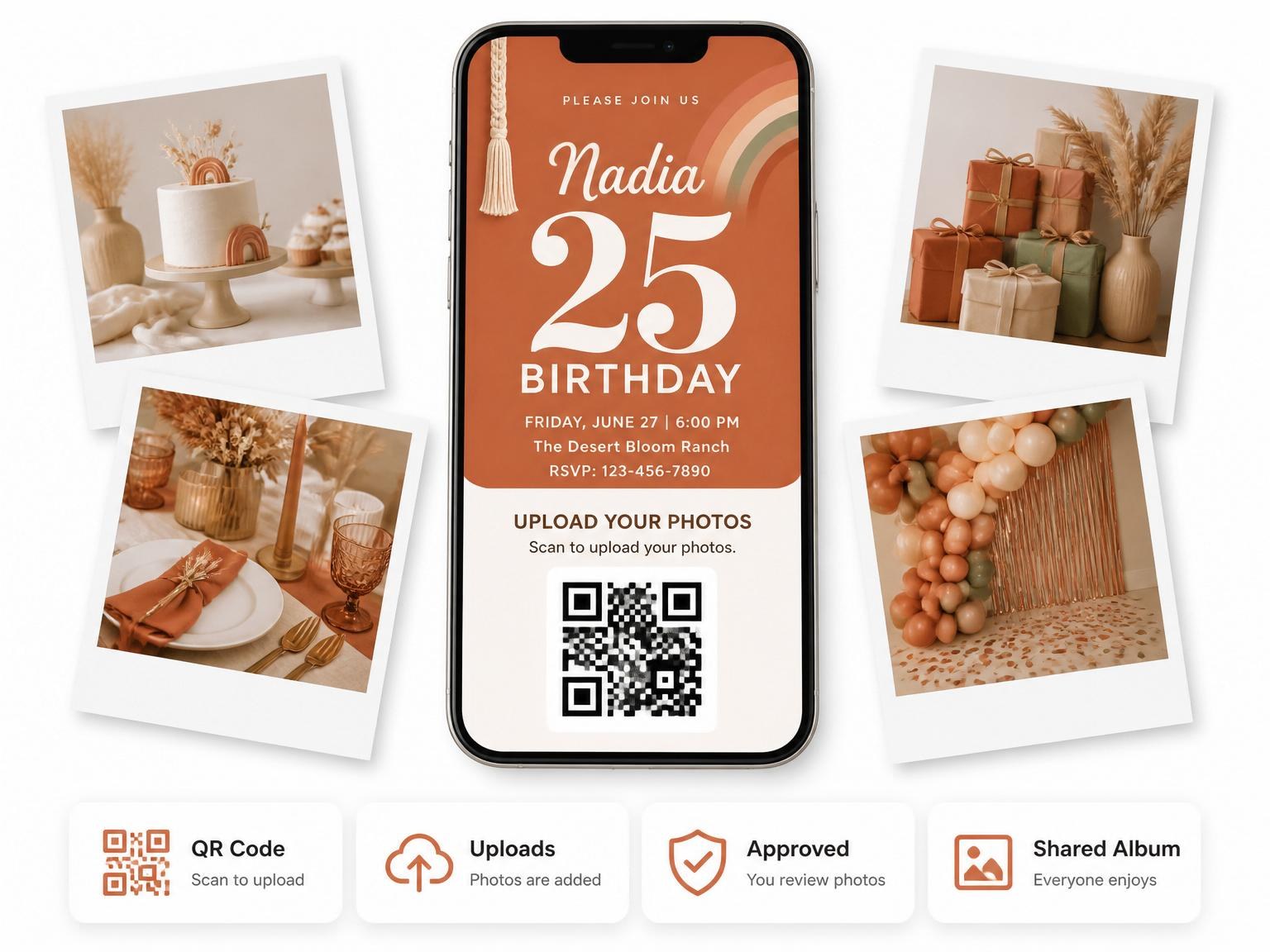 The shared photo gallery that comes with the Burnt Orange Macrame Arch 25th Birthday invitation