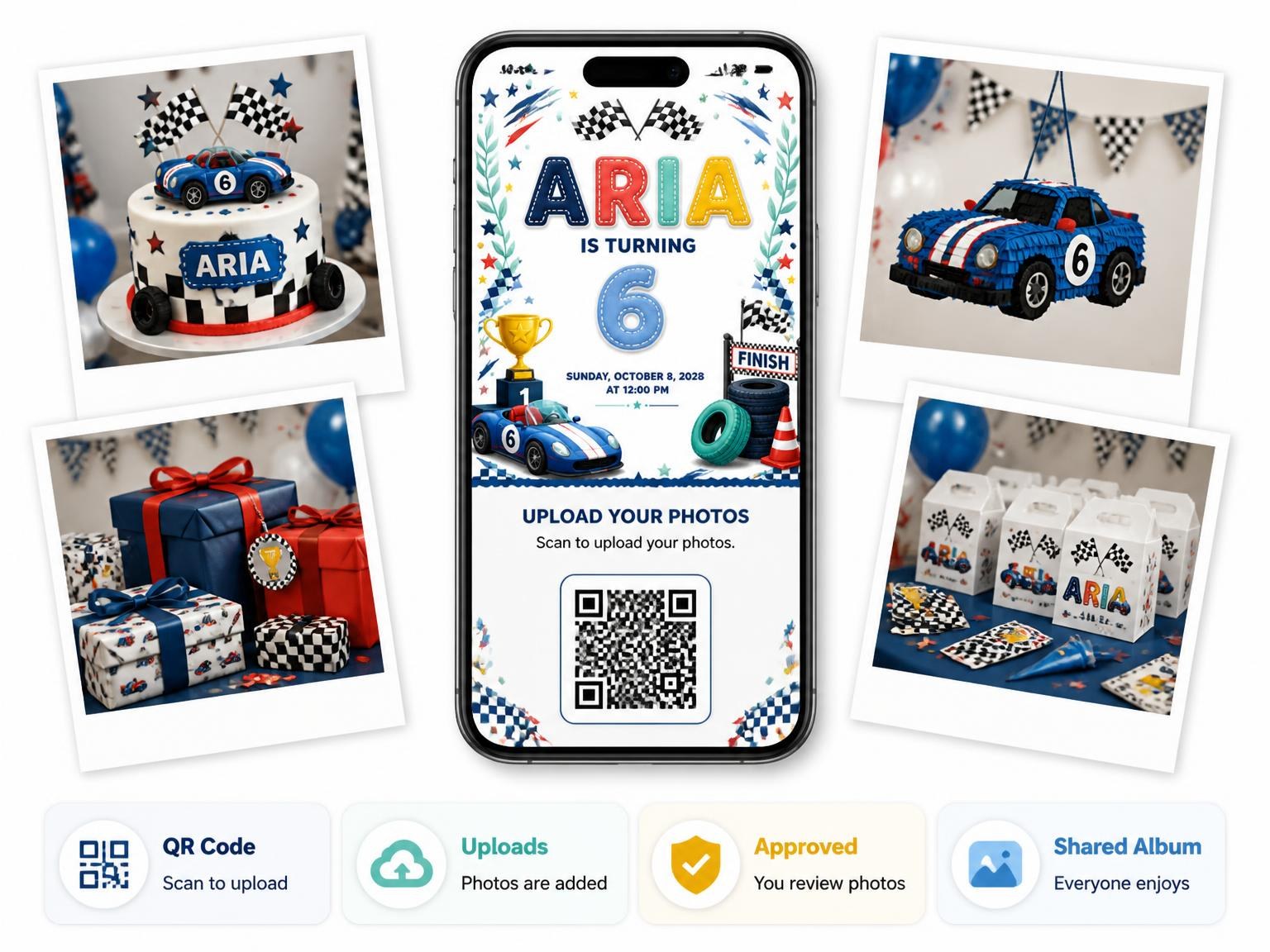 The shared photo gallery that comes with the Stitched Race Car 6th Birthday Invitation invitation