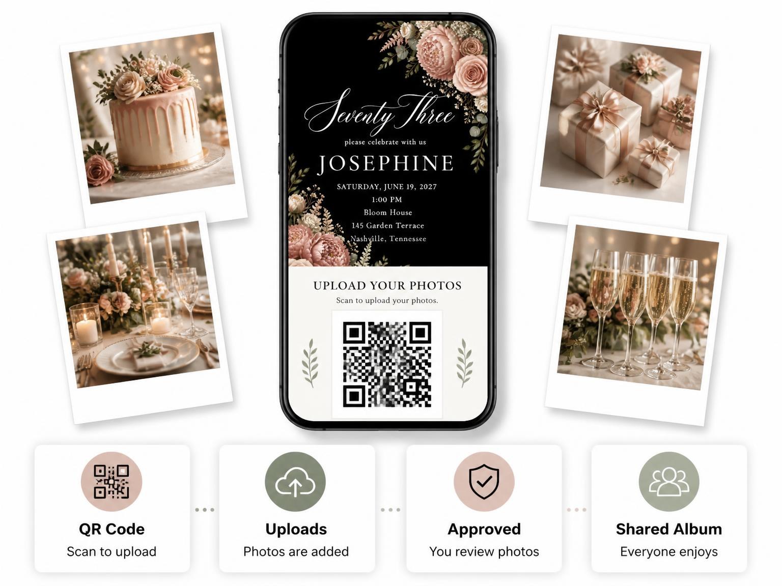 The shared photo gallery that comes with the Black Floral 73rd Birthday Invitation invitation