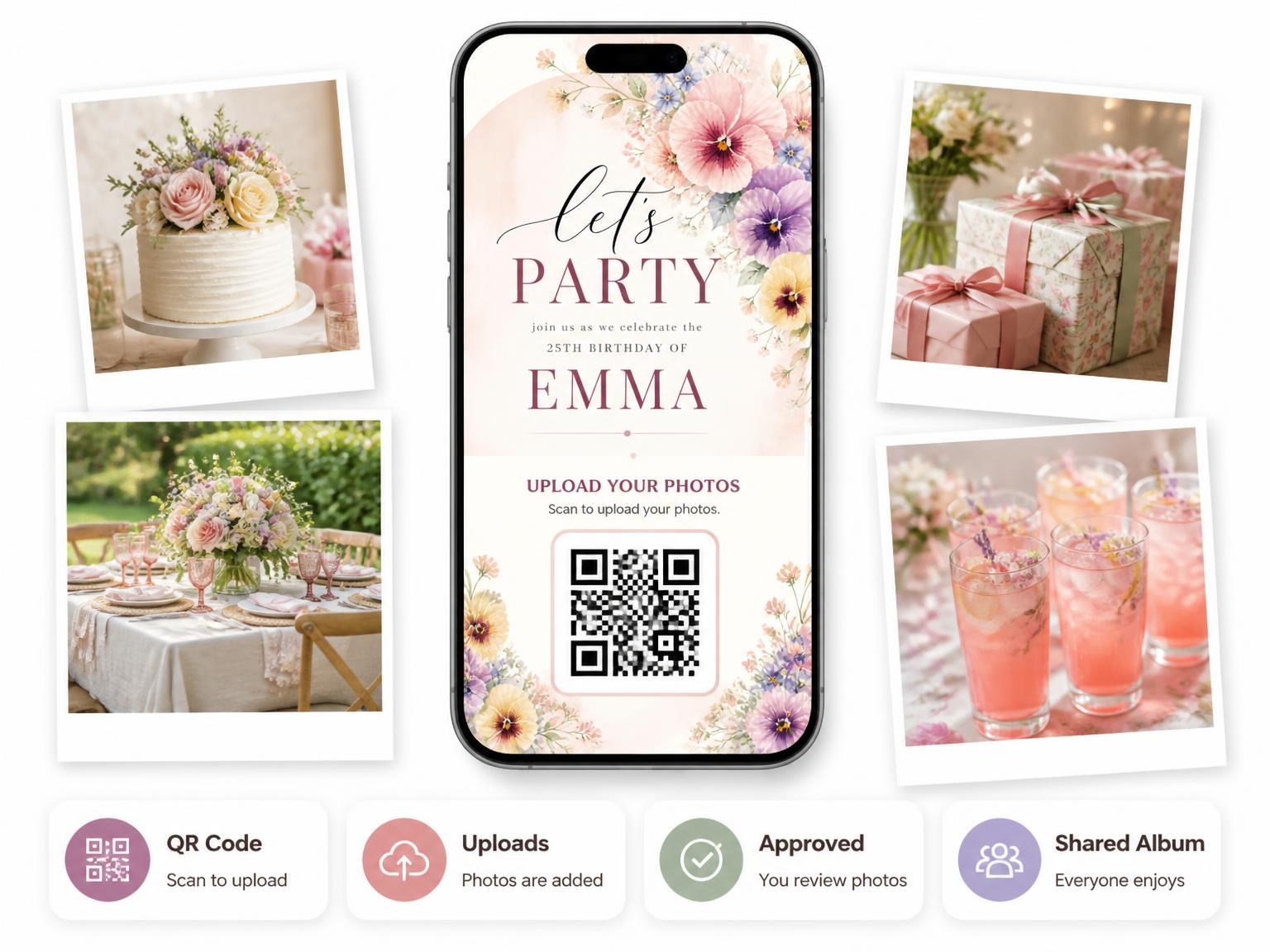 The shared photo gallery that comes with the Pastel Arch 25th Birthday Invitation invitation