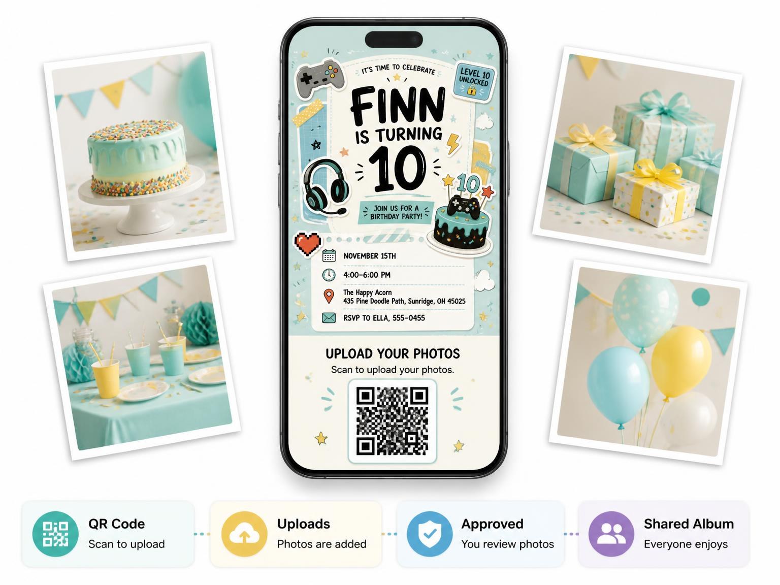 The shared photo gallery that comes with the Video Game 10th Birthday Invitation invitation