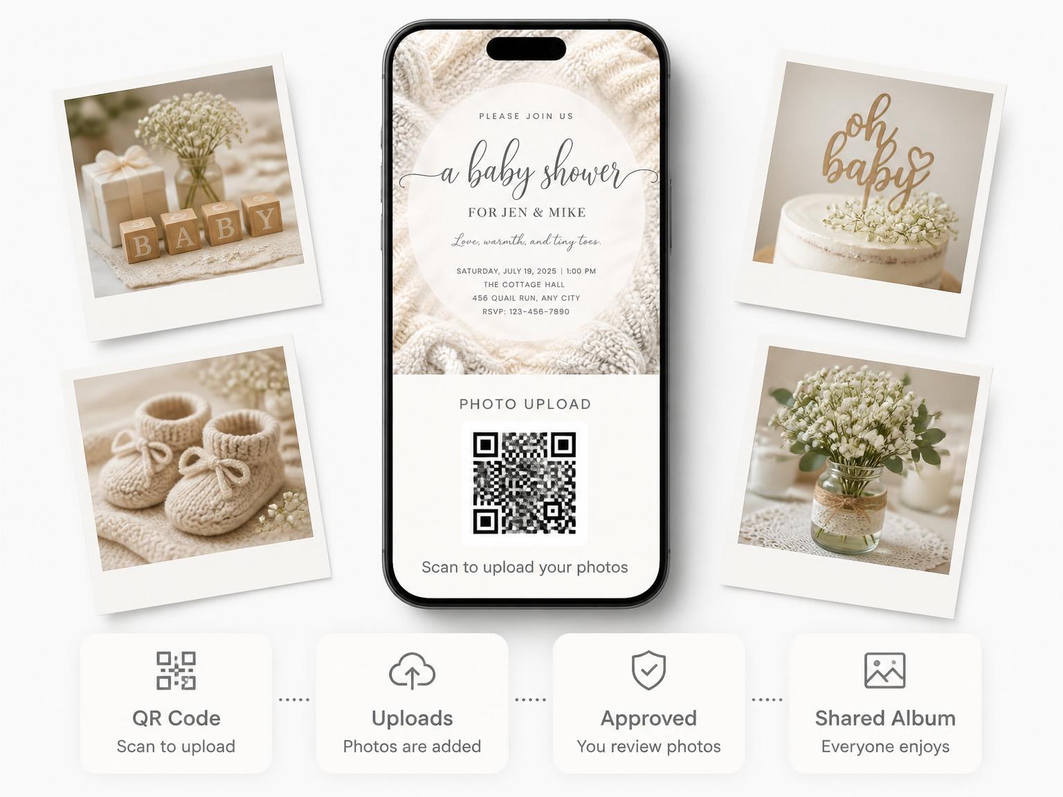 The shared photo gallery that comes with the Cream Cable Knit Baby Shower invitation
