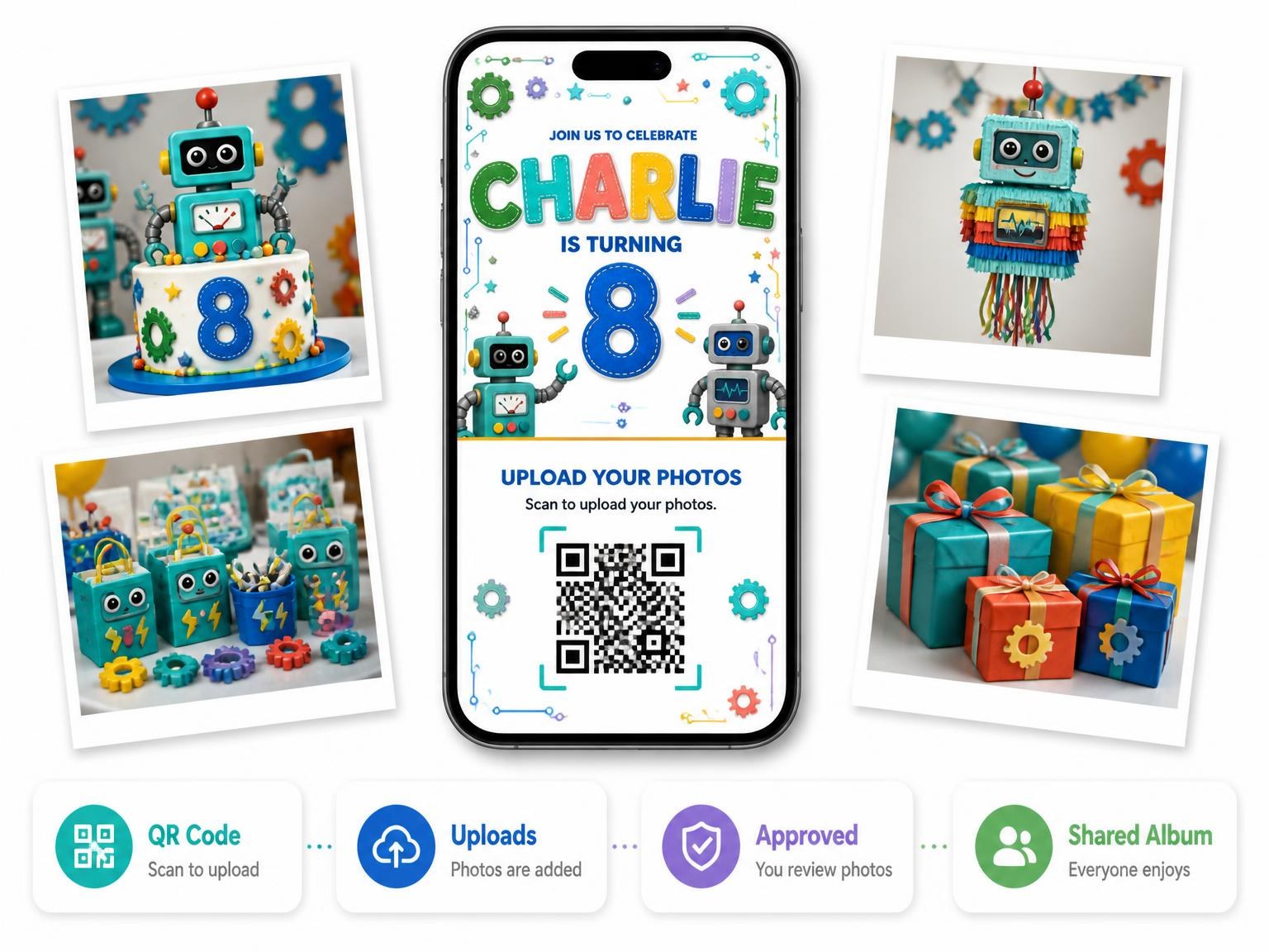 The shared photo gallery that comes with the Stitched Robot 8th Birthday Invitation invitation