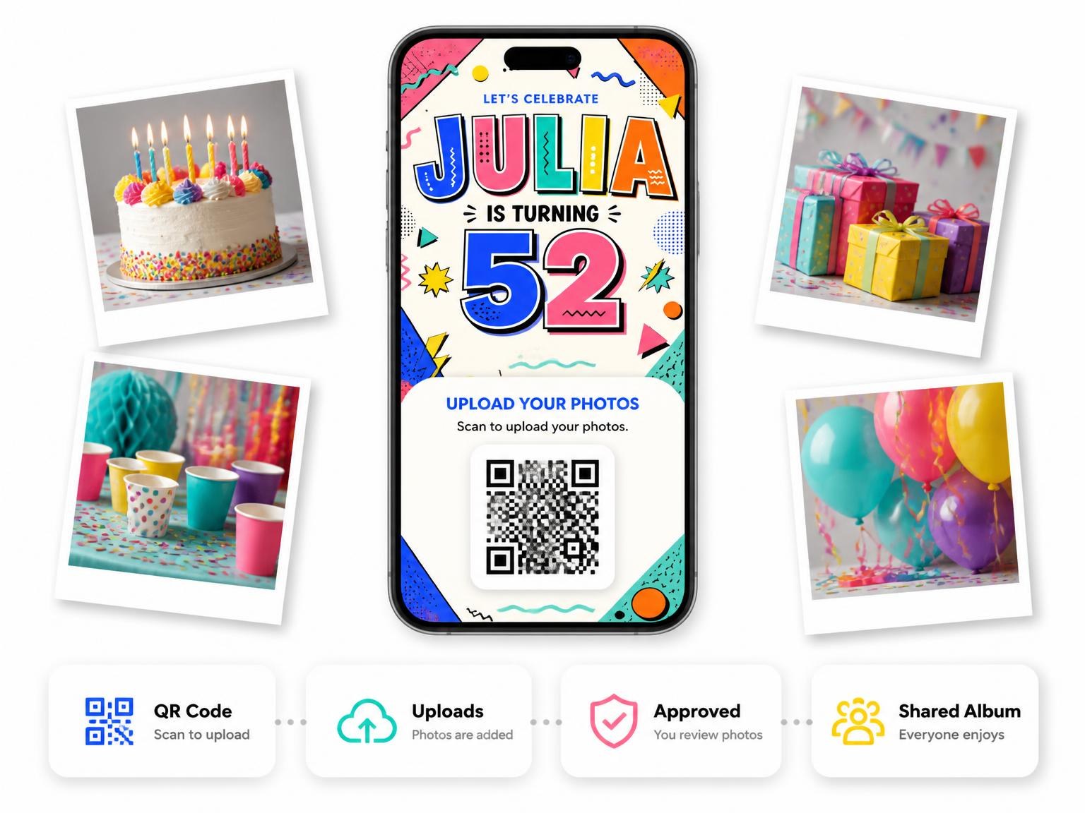 The shared photo gallery that comes with the Memphis Pop 52nd Birthday Invitation invitation