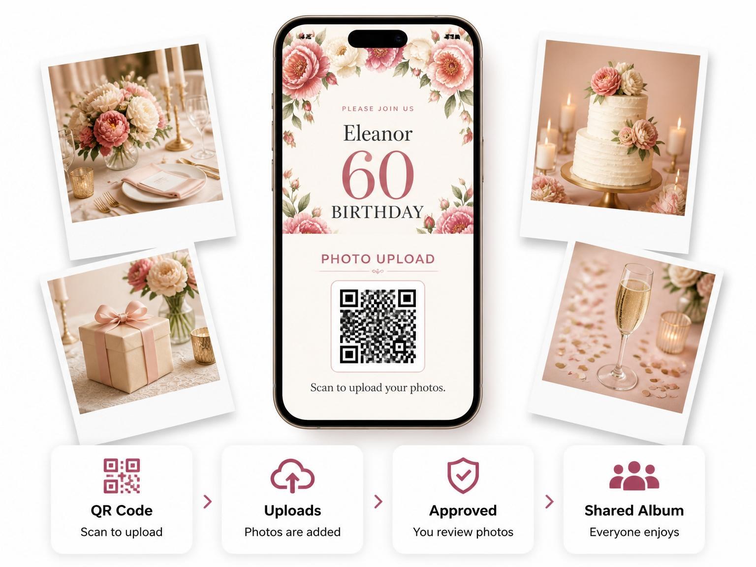 The shared photo gallery that comes with the Dusty Rose Peony 60th Birthday invitation