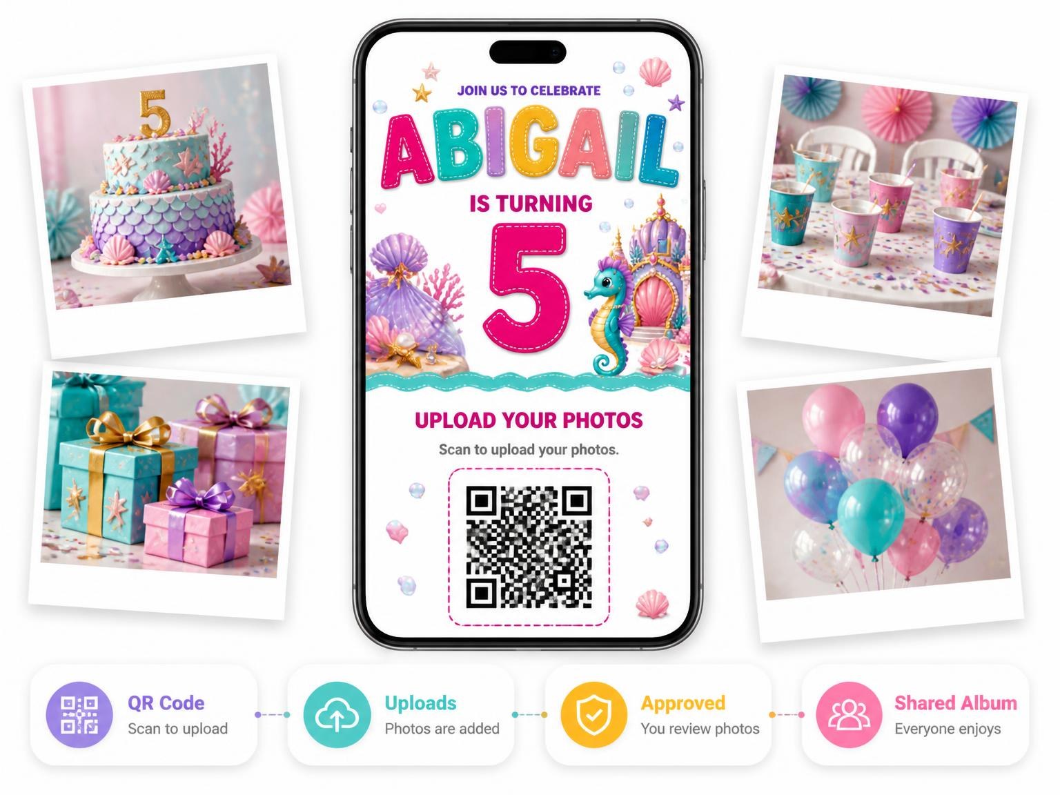 The shared photo gallery that comes with the Stitched Mermaid Palace 5th Birthday Invitation invitation