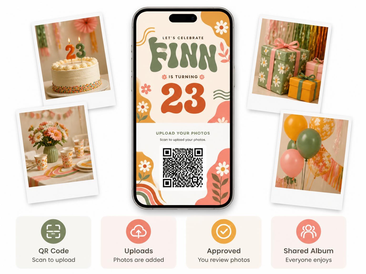 The shared photo gallery that comes with the Groovy Retro 23rd Birthday Invitation invitation