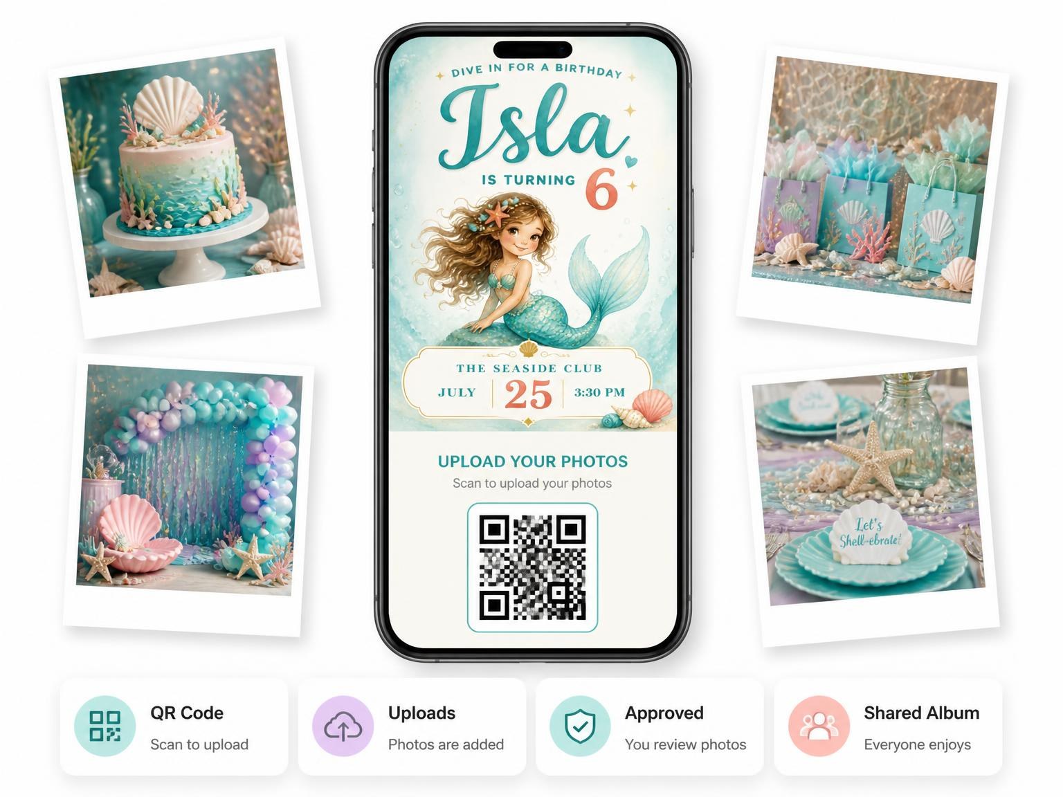 The shared photo gallery that comes with the Watercolor Mermaid Teal 6th Birthday Invitation invitation