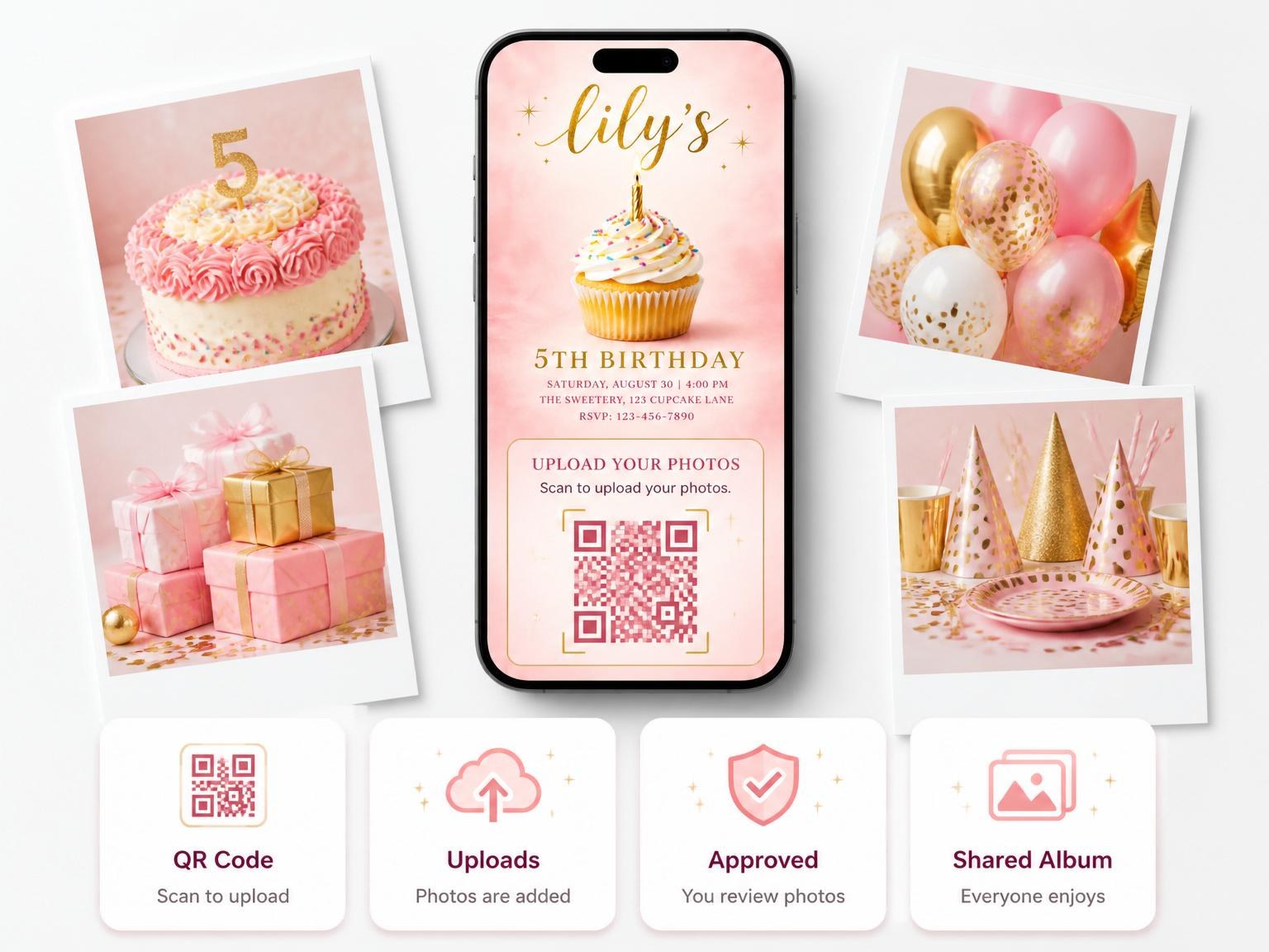 The shared photo gallery that comes with the Pink Watercolor Cupcake 5th Birthday invitation