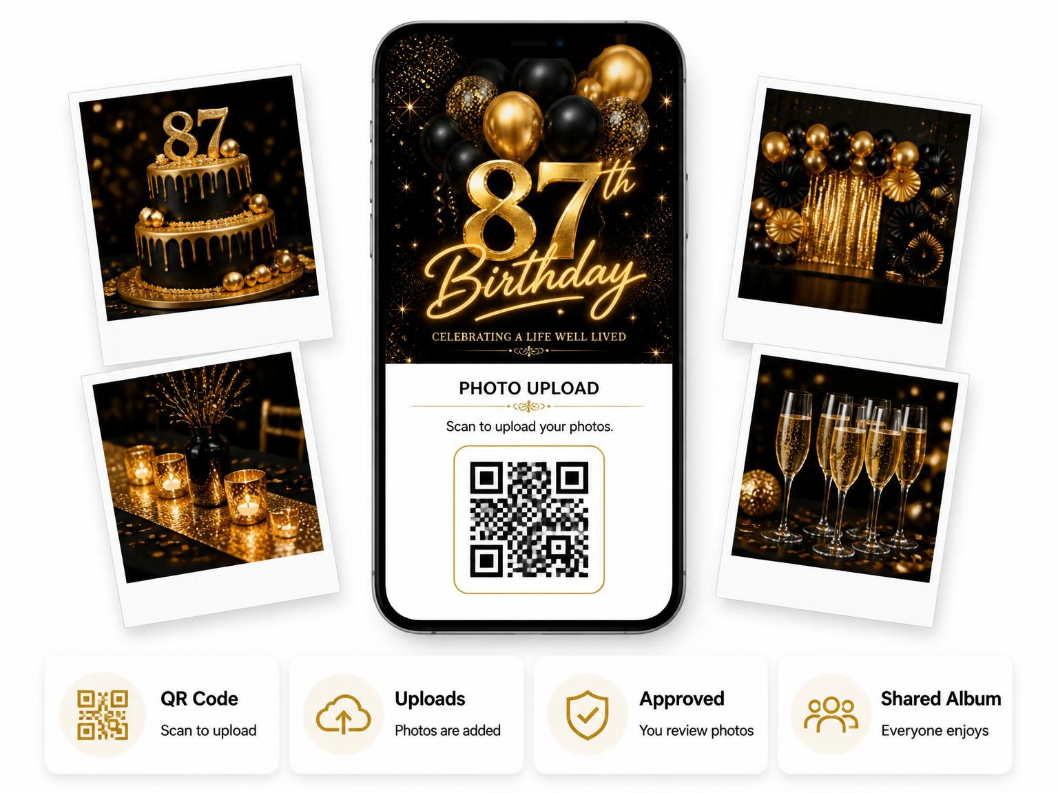 The shared photo gallery that comes with the Black and Gold Balloon 87th Birthday invitation