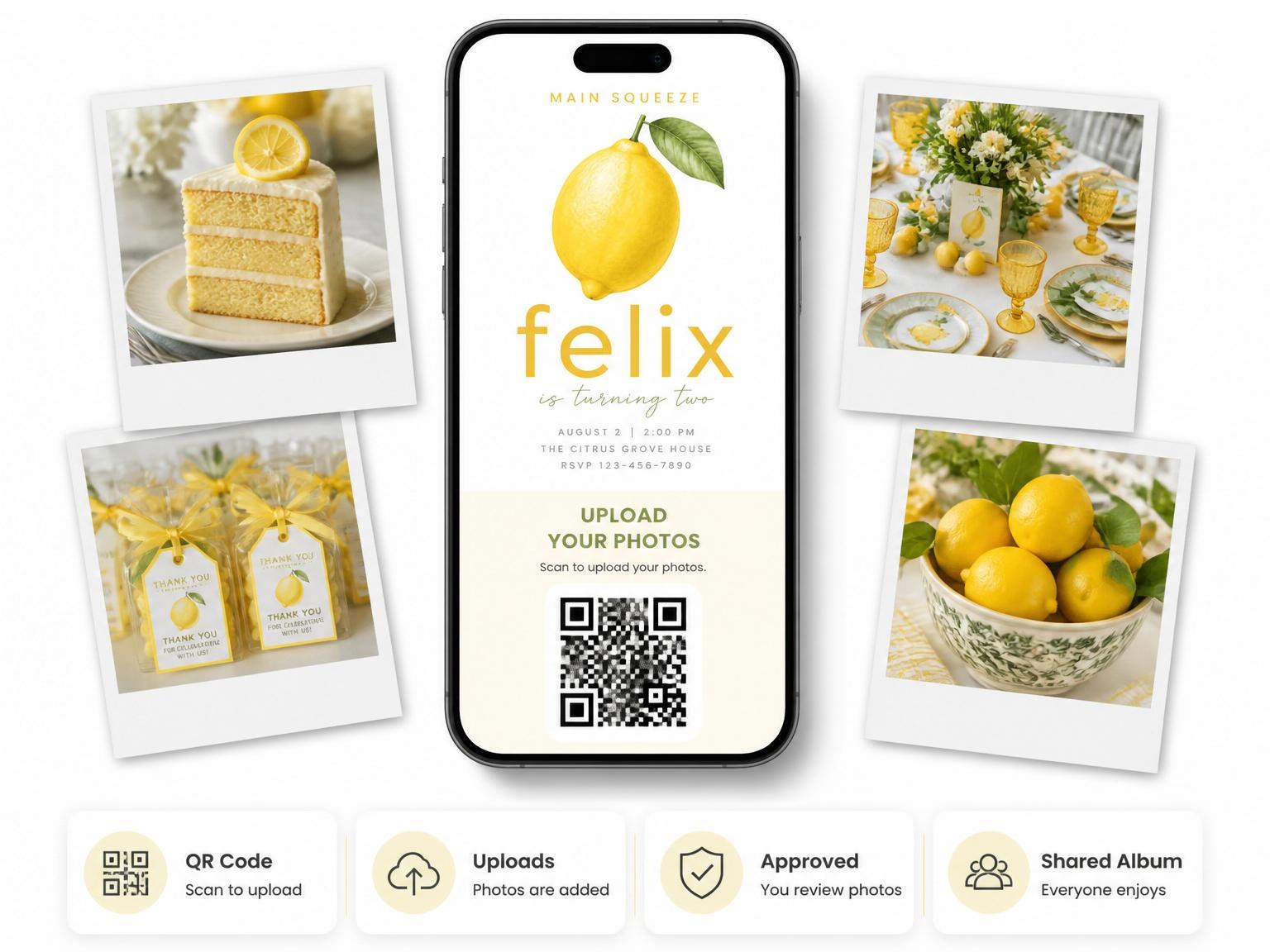 The shared photo gallery that comes with the Watercolor Lemon Citrus 2nd Birthday Invitation invitation