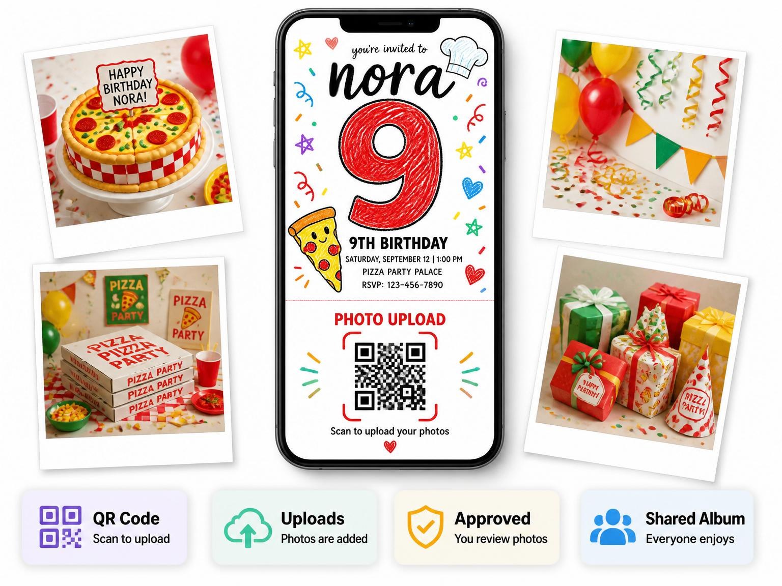 The shared photo gallery that comes with the Crayon Illustrated Pizza 9th Birthday invitation