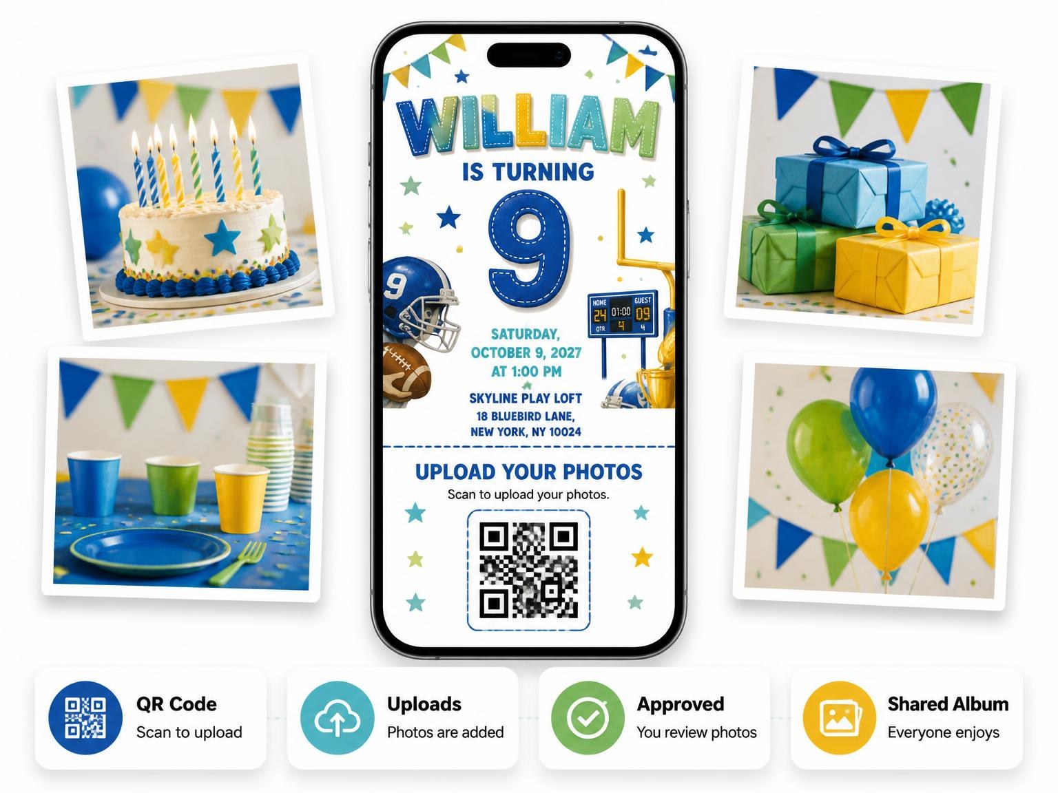 The shared photo gallery that comes with the Goalpost Stitched 9th Birthday Invitation invitation