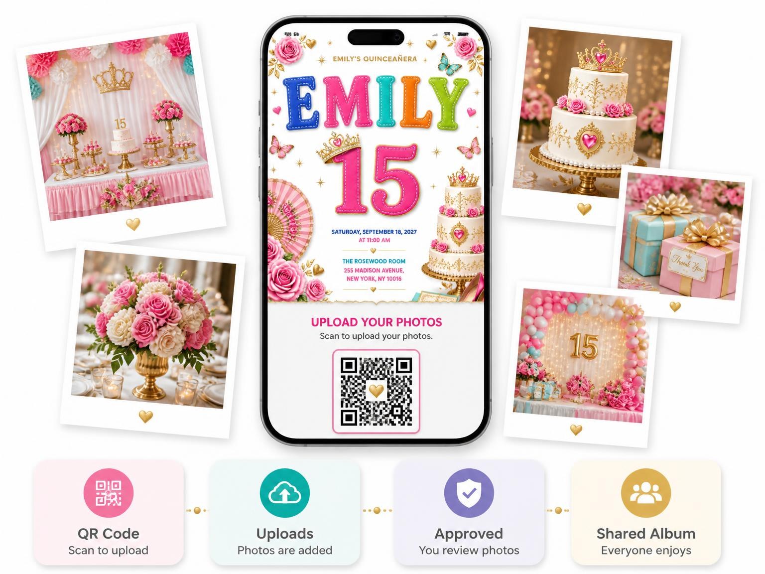 The shared photo gallery that comes with the Pink Fan Quinceañera Invitation invitation